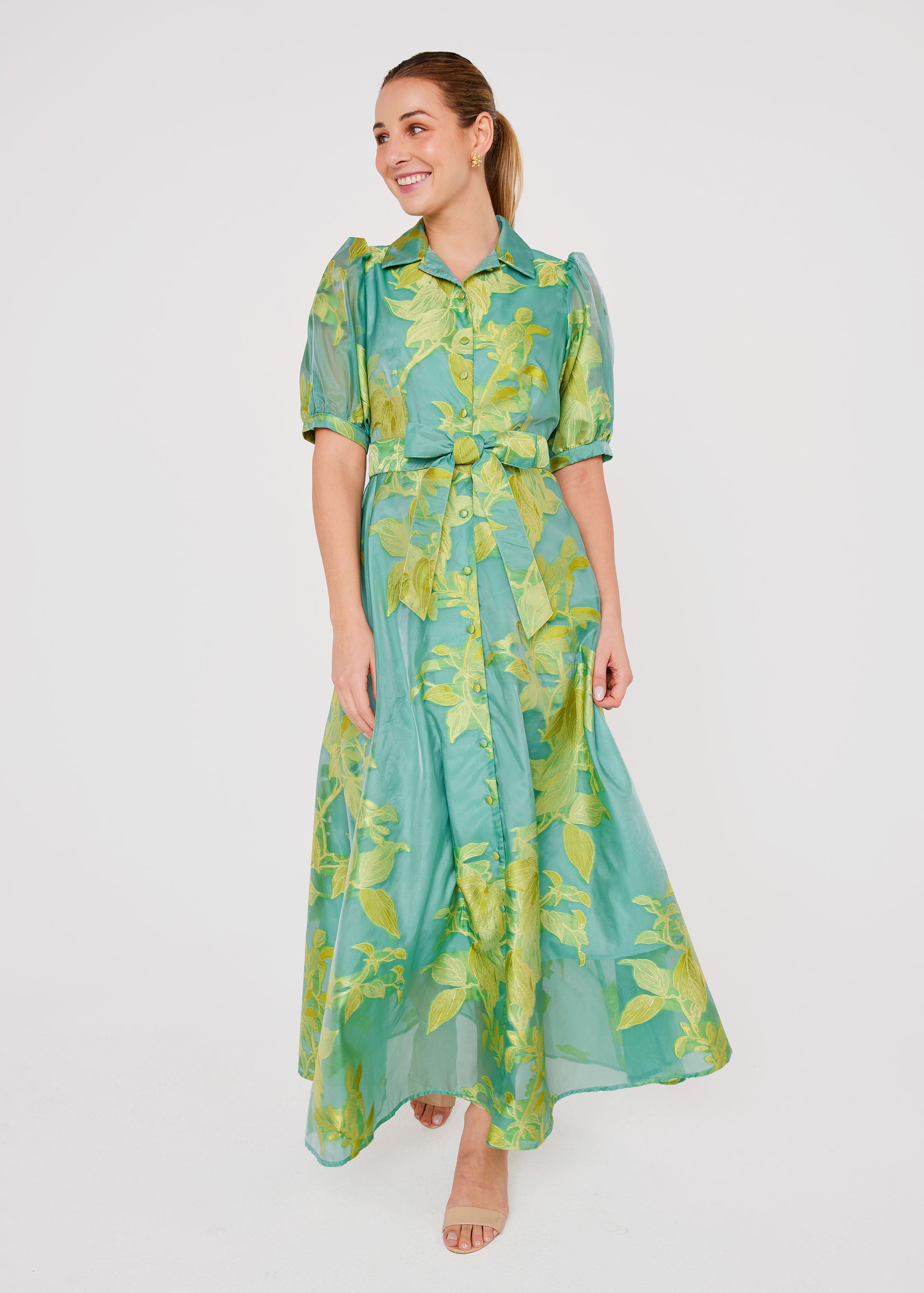 Charlotte Gown Teal Leaf Organza