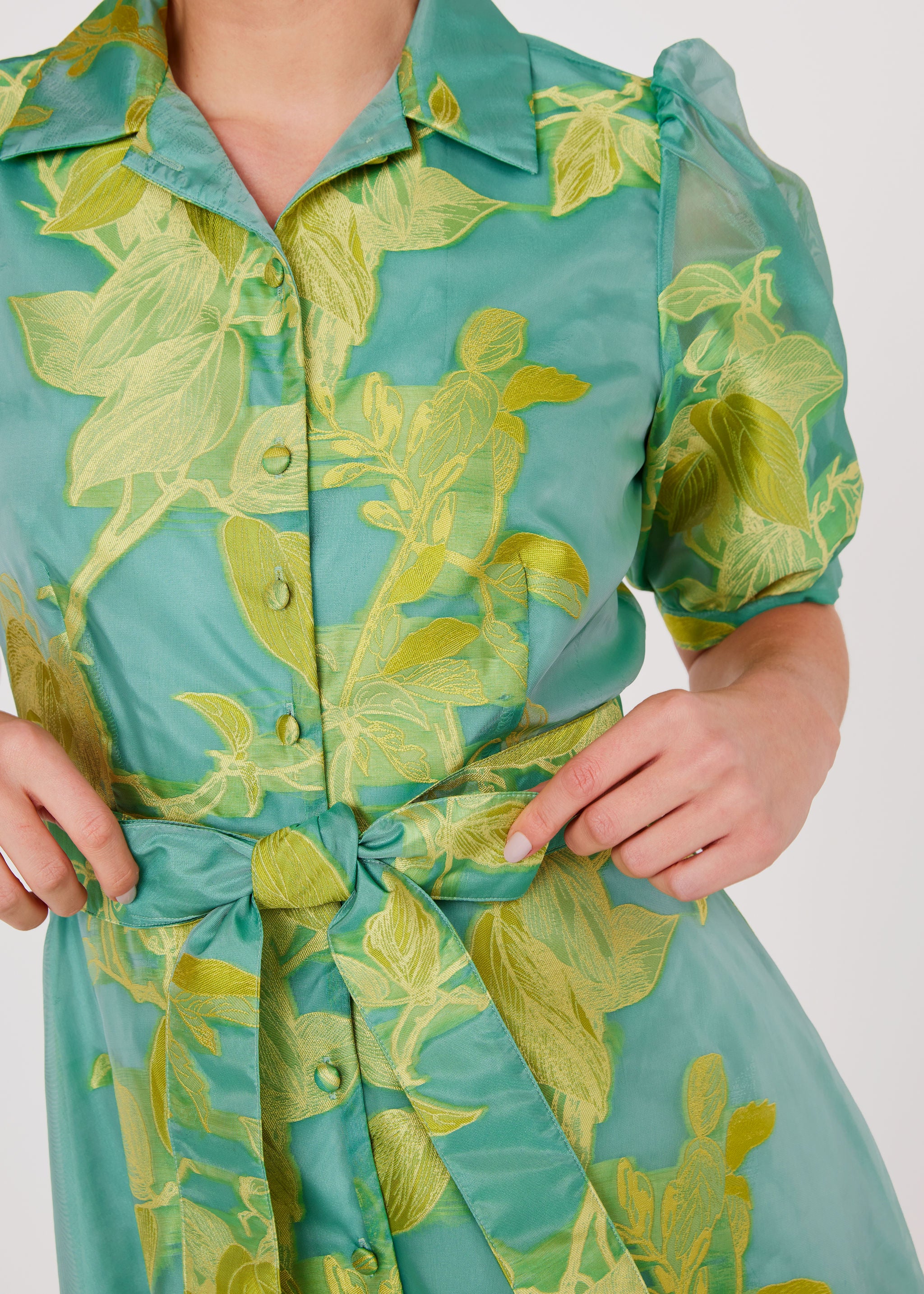 Charlotte Gown Teal Leaf Organza