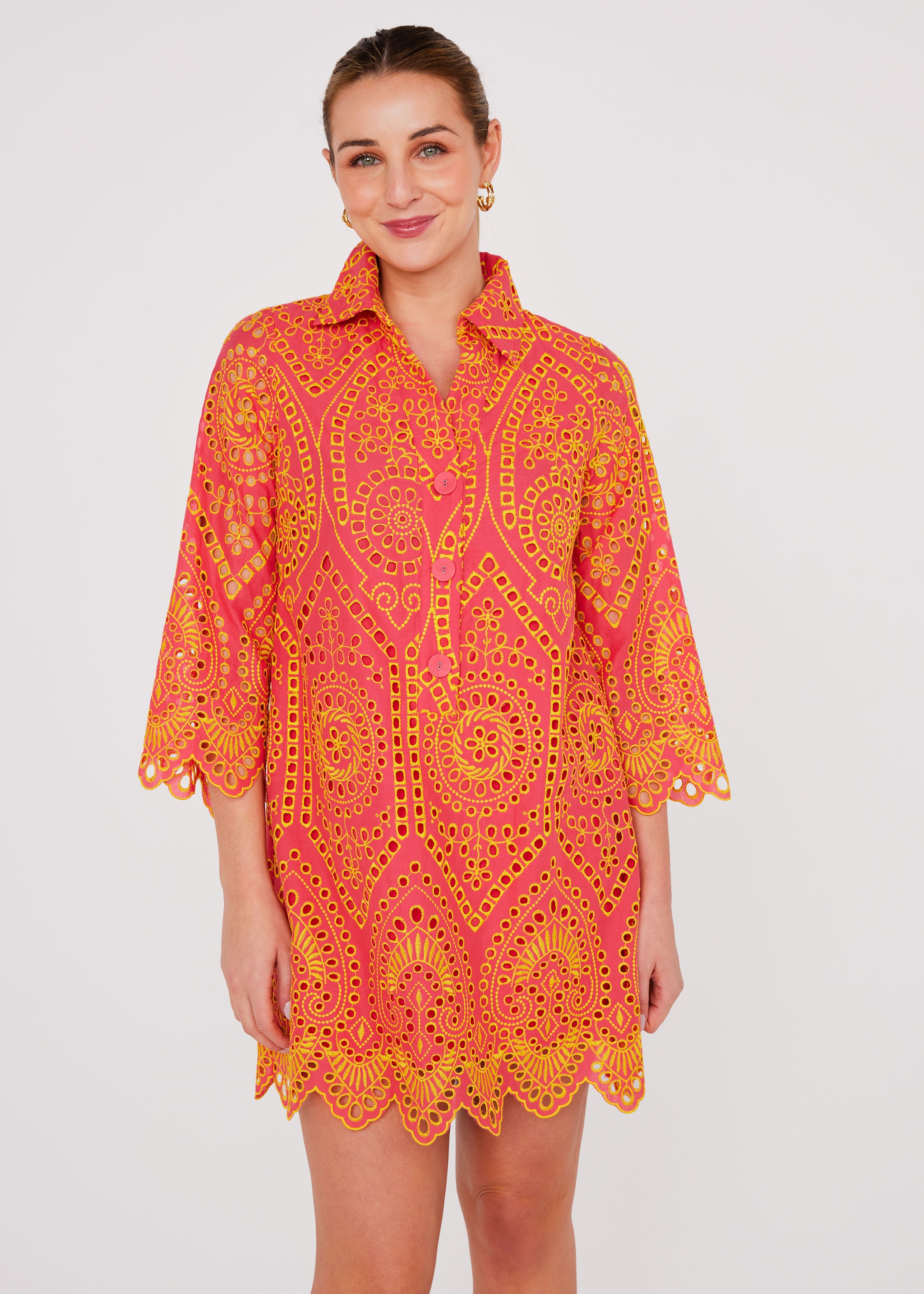 Piper Caftan Coral and Yellow Eyelet