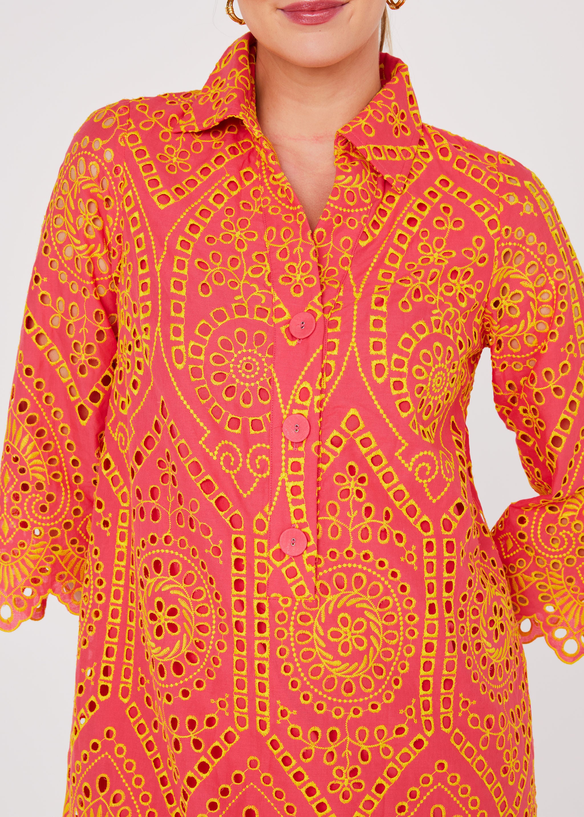 Piper Caftan Coral and Yellow Eyelet