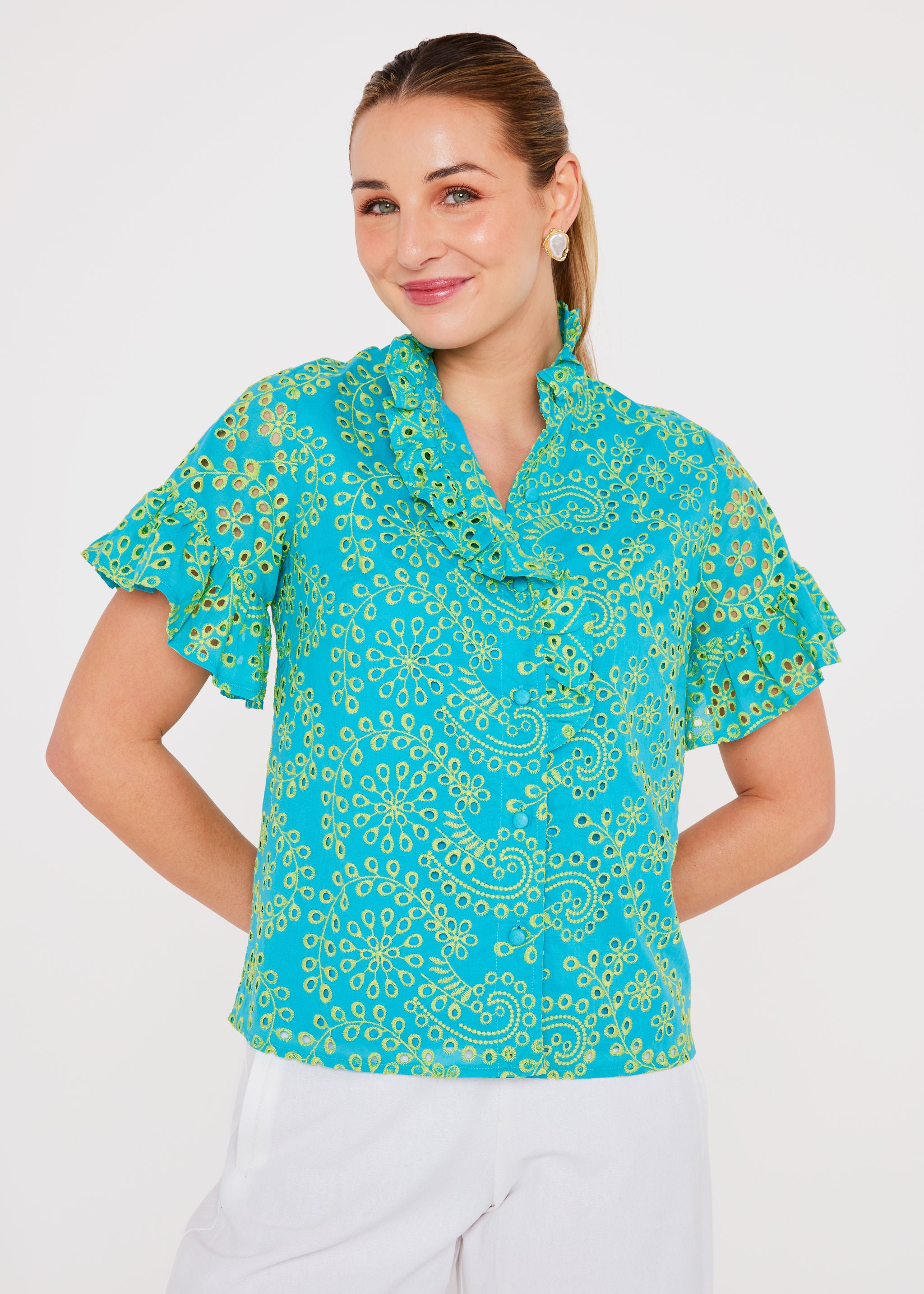 Sadie Top Teal and Chartreuse Jasmine Eyelet
