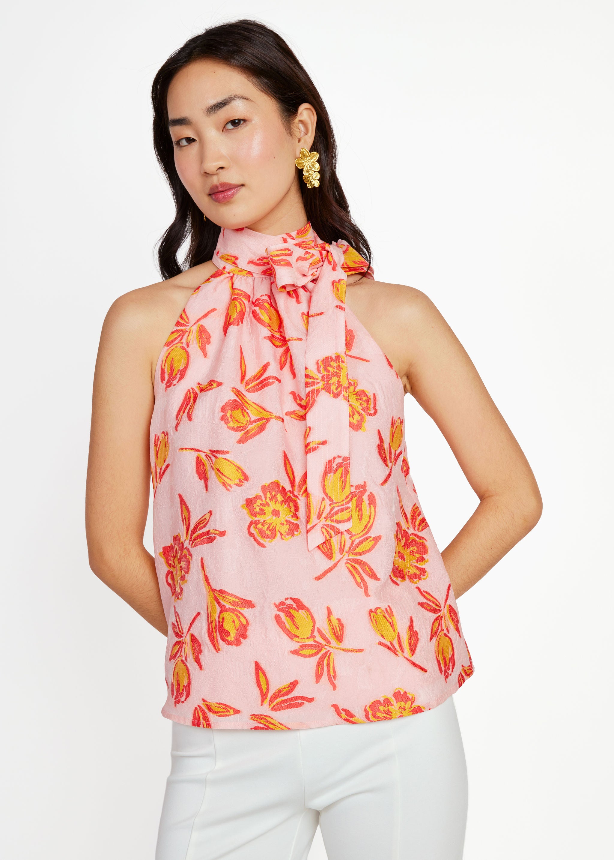 Rory Top Orange Tropical Tulip Jacquard