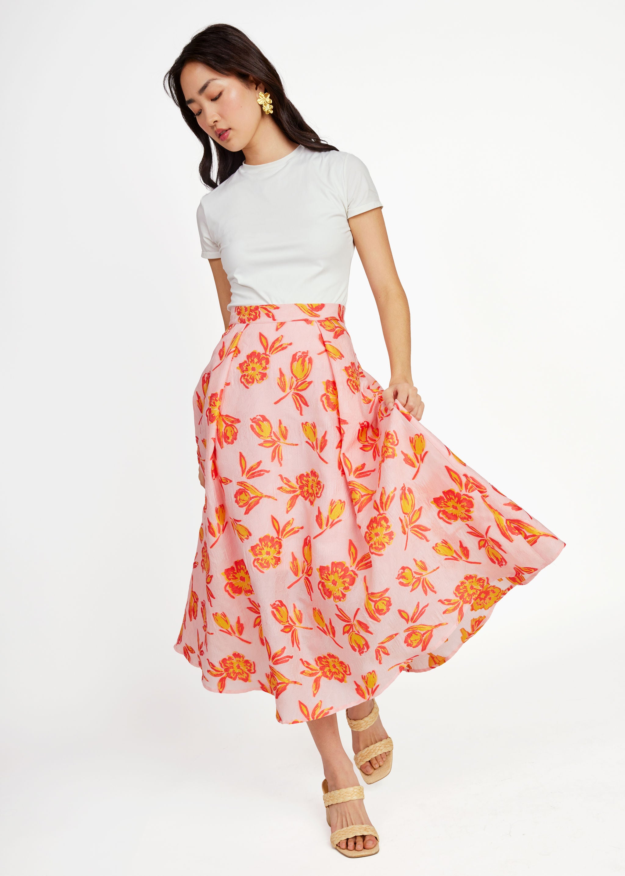Eden Skirt Orange Tropical Tulip Jacquard