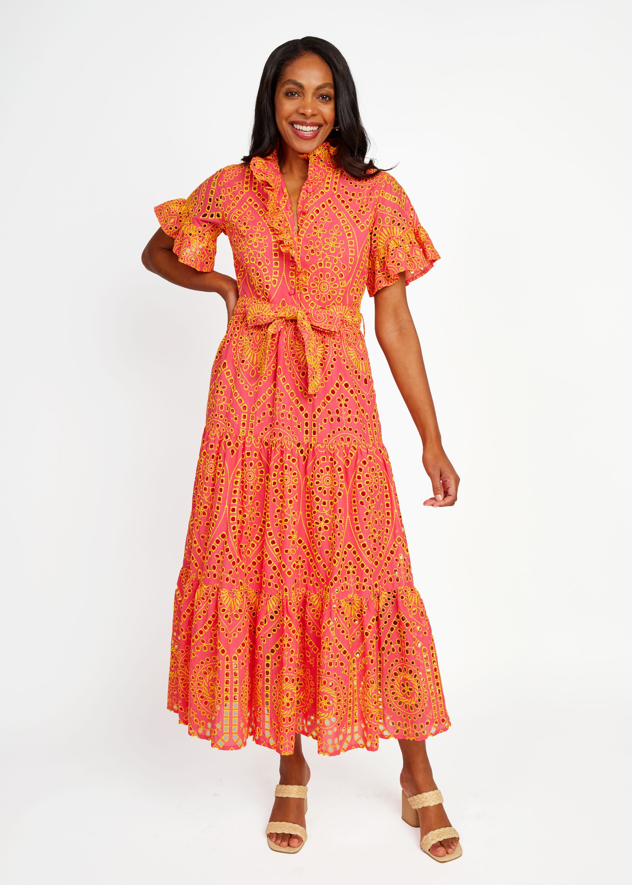 Sadie Maxi Dress Coral and Yellow Eyelet