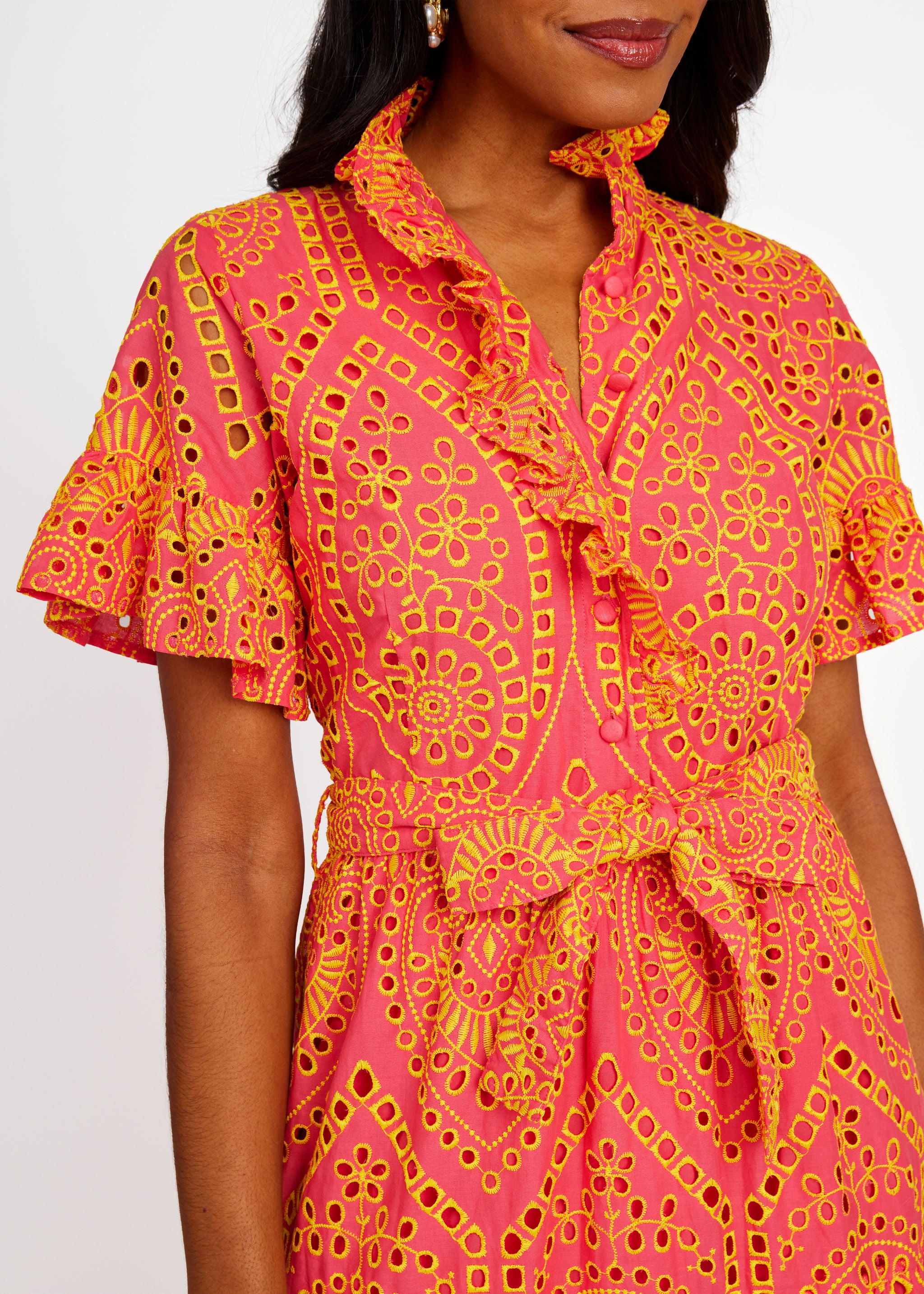 Sadie Maxi Dress Coral and Yellow Eyelet