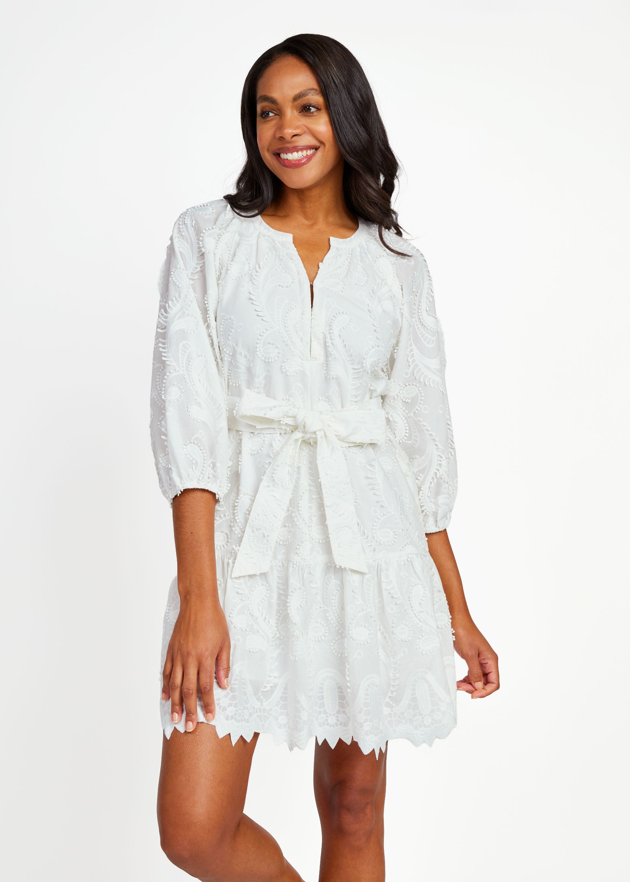Elise Mini Dress White 3D Paisley Cotton