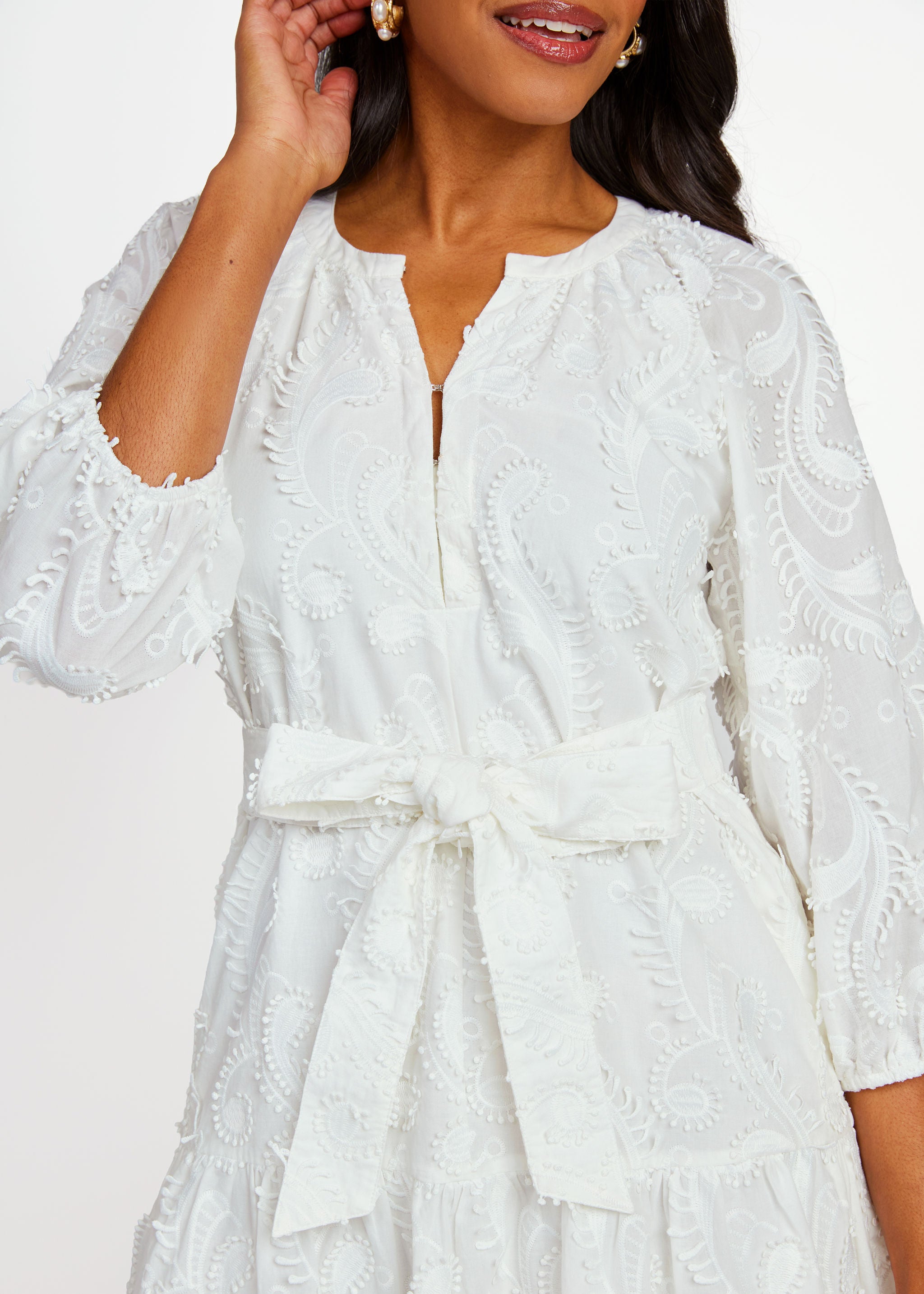 Elise Mini Dress White 3D Paisley Cotton