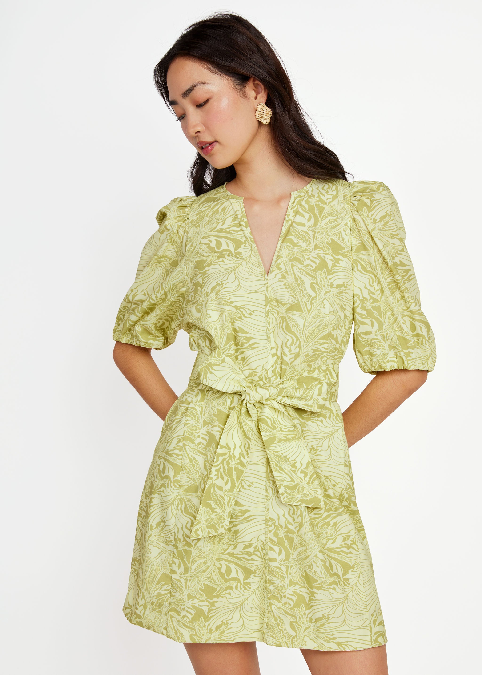 Florence Mini Dress Chartreuse Palm Royale Poplin