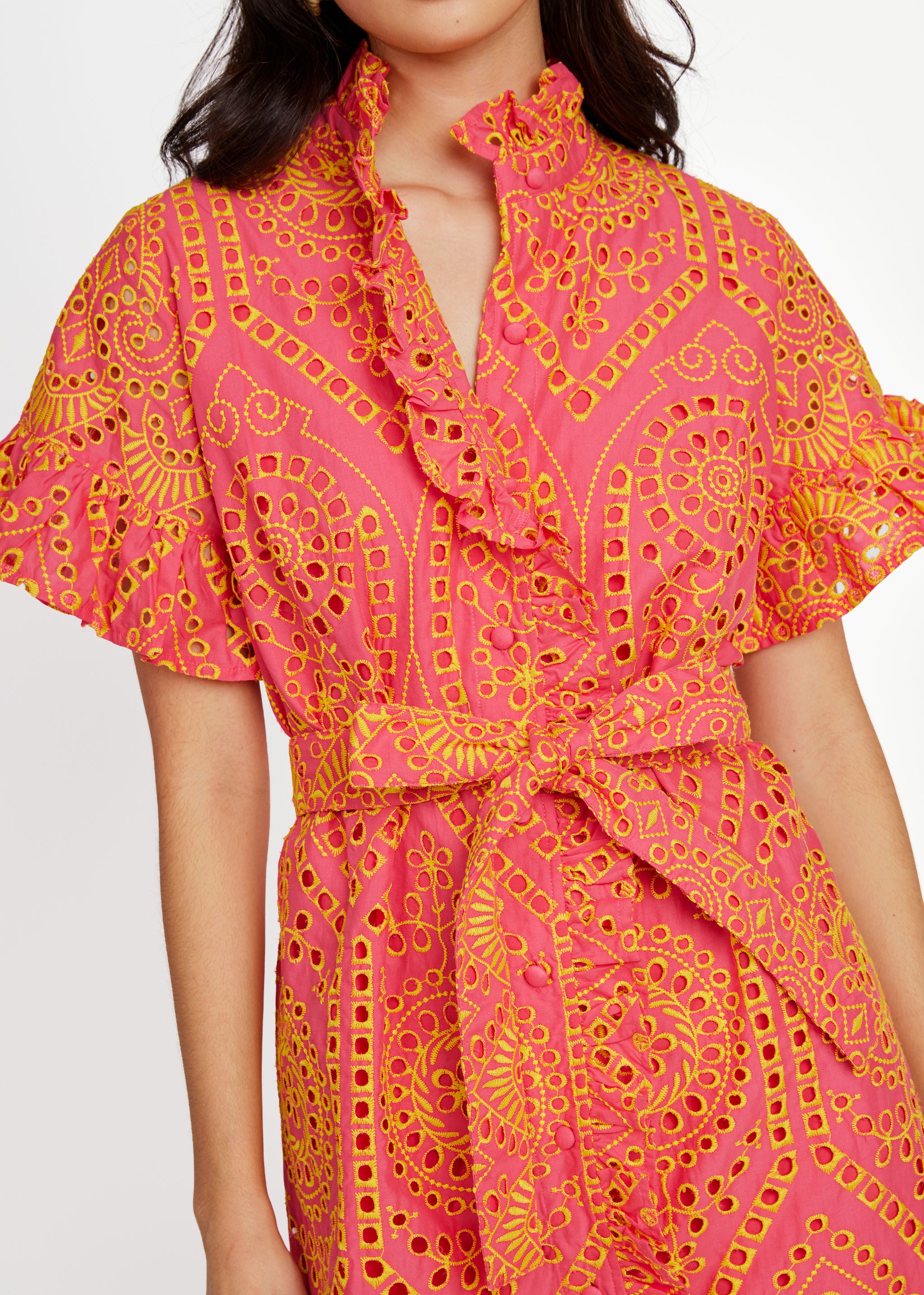 Katie Dress Coral and Yellow Eyelet