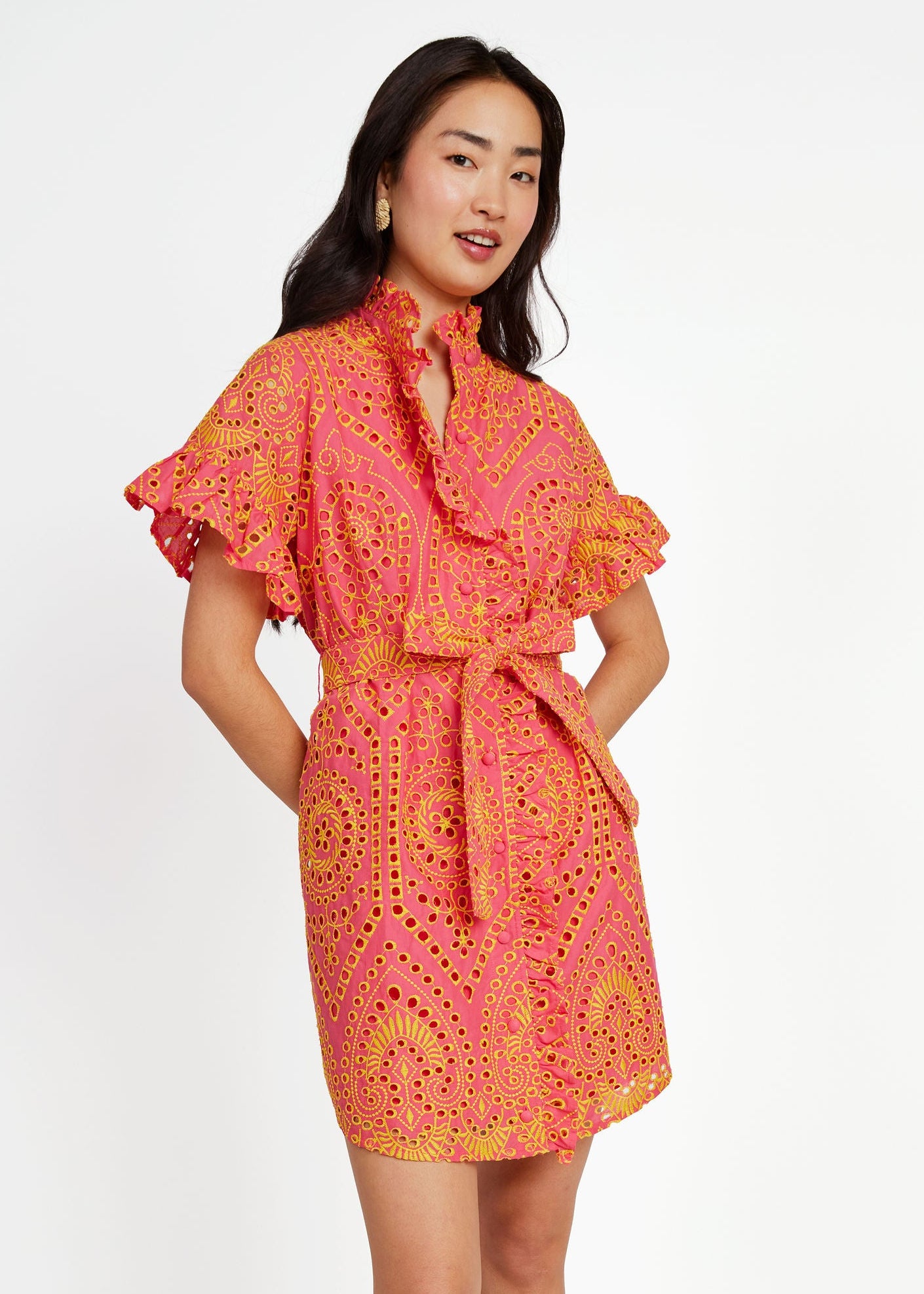 Katie Dress Coral and Yellow Eyelet