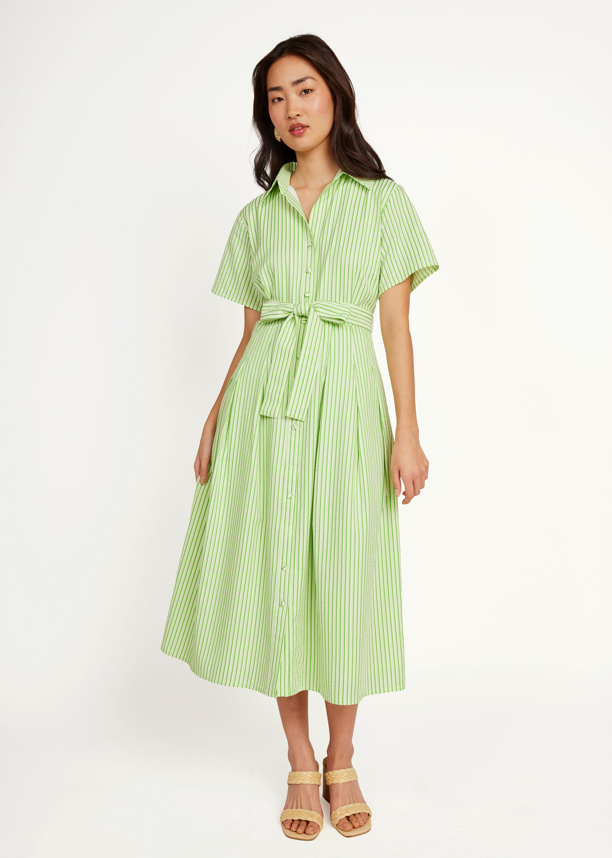 Cecilia Midi Dress Short Sleeve Green Stripe Seersucker