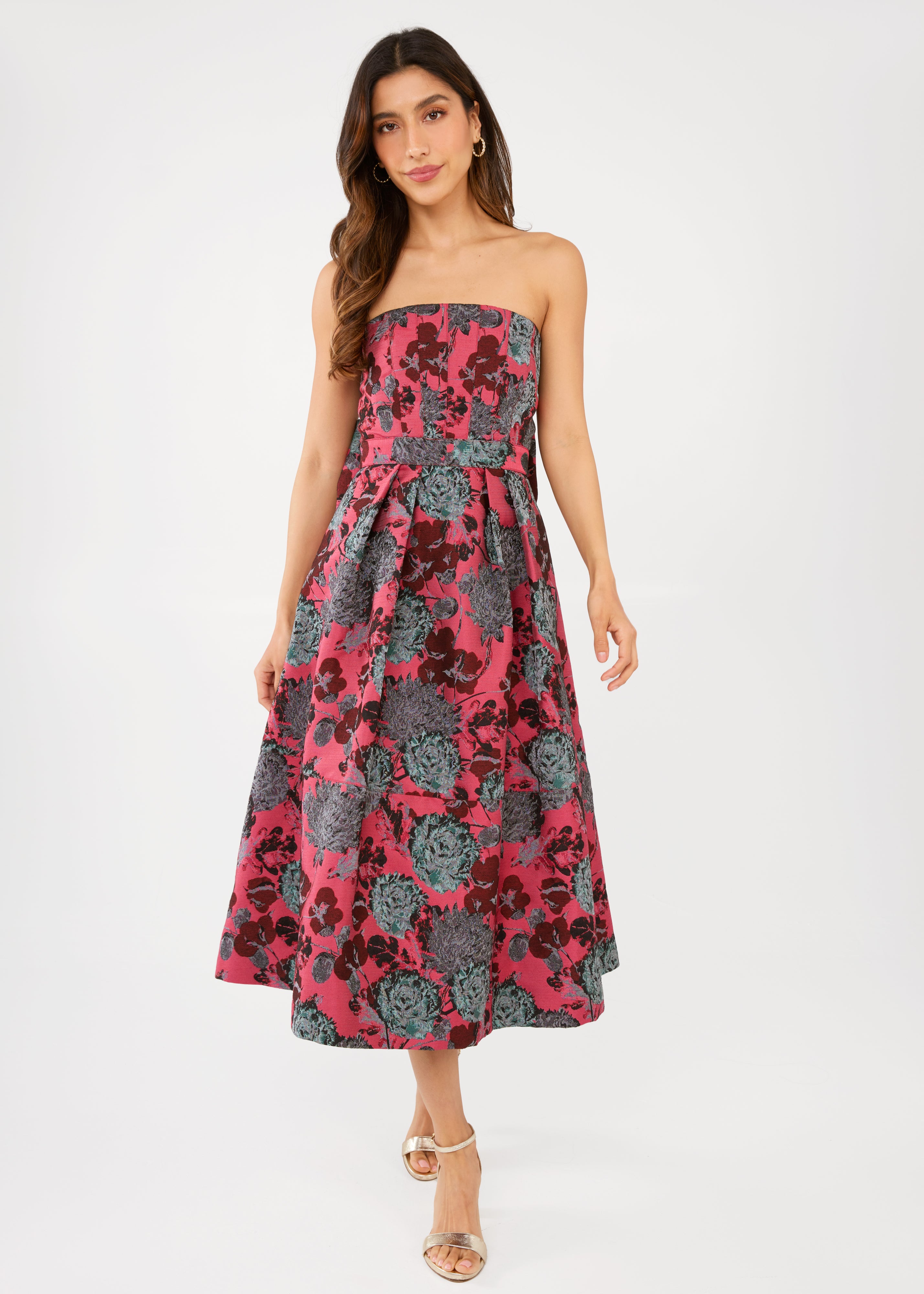 Catherine Dress Hot Pink Vintage Dahlia Jacquard