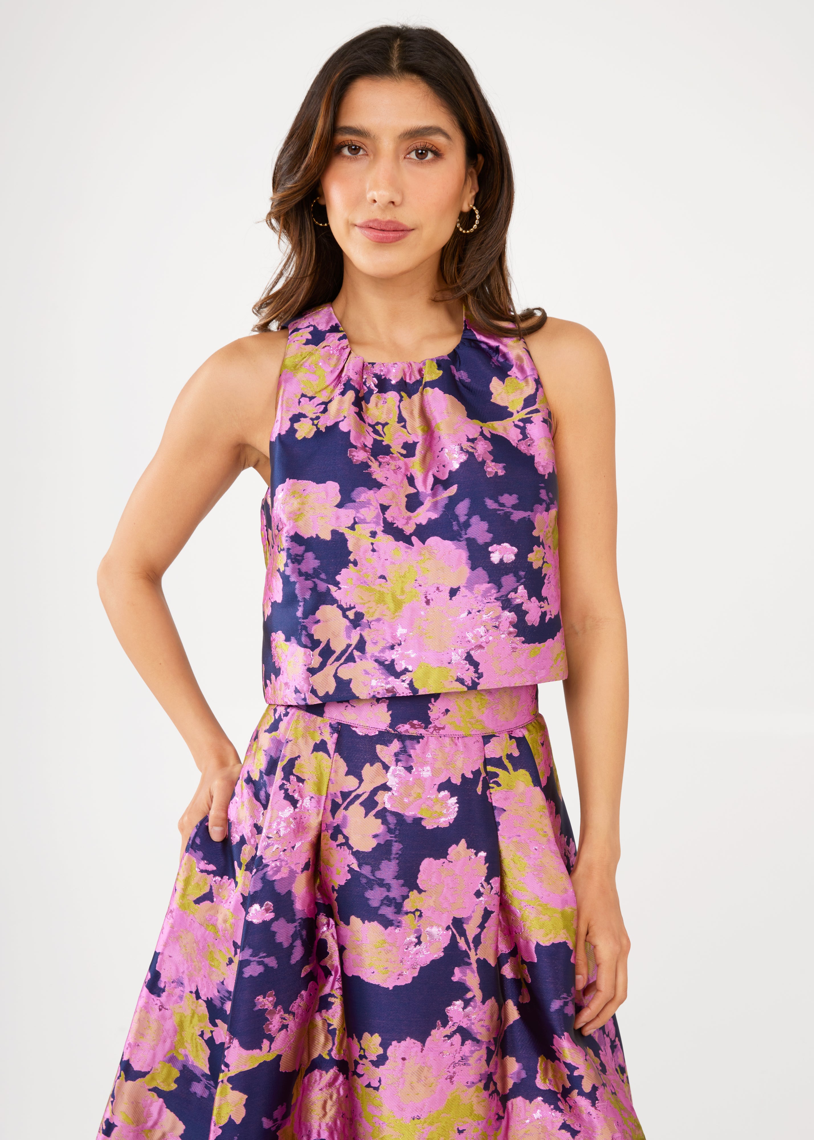 Ava Top Navy Abstract Brocade