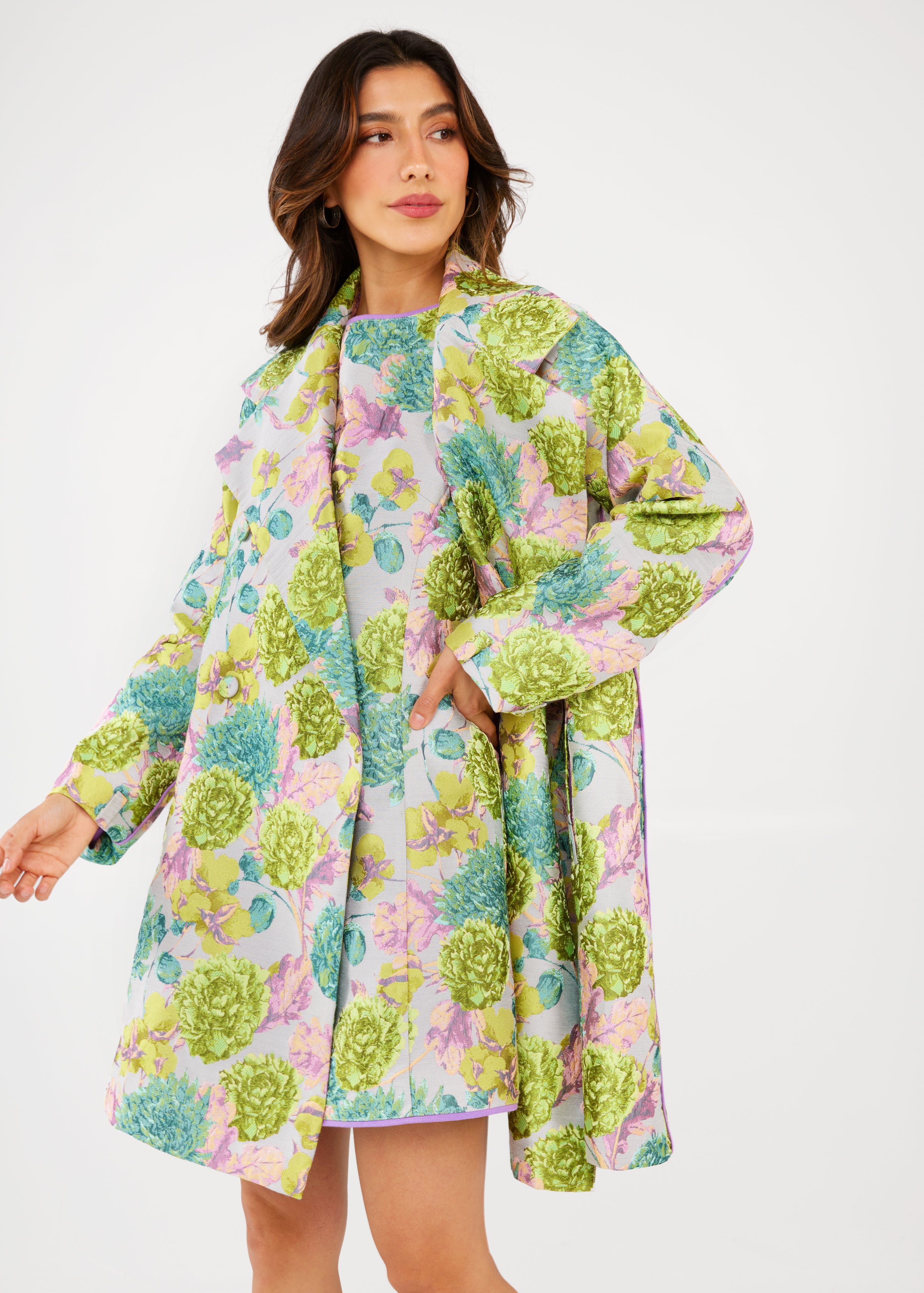 Marisol Coat Chartreuse Vintage Dahlia Jacquard