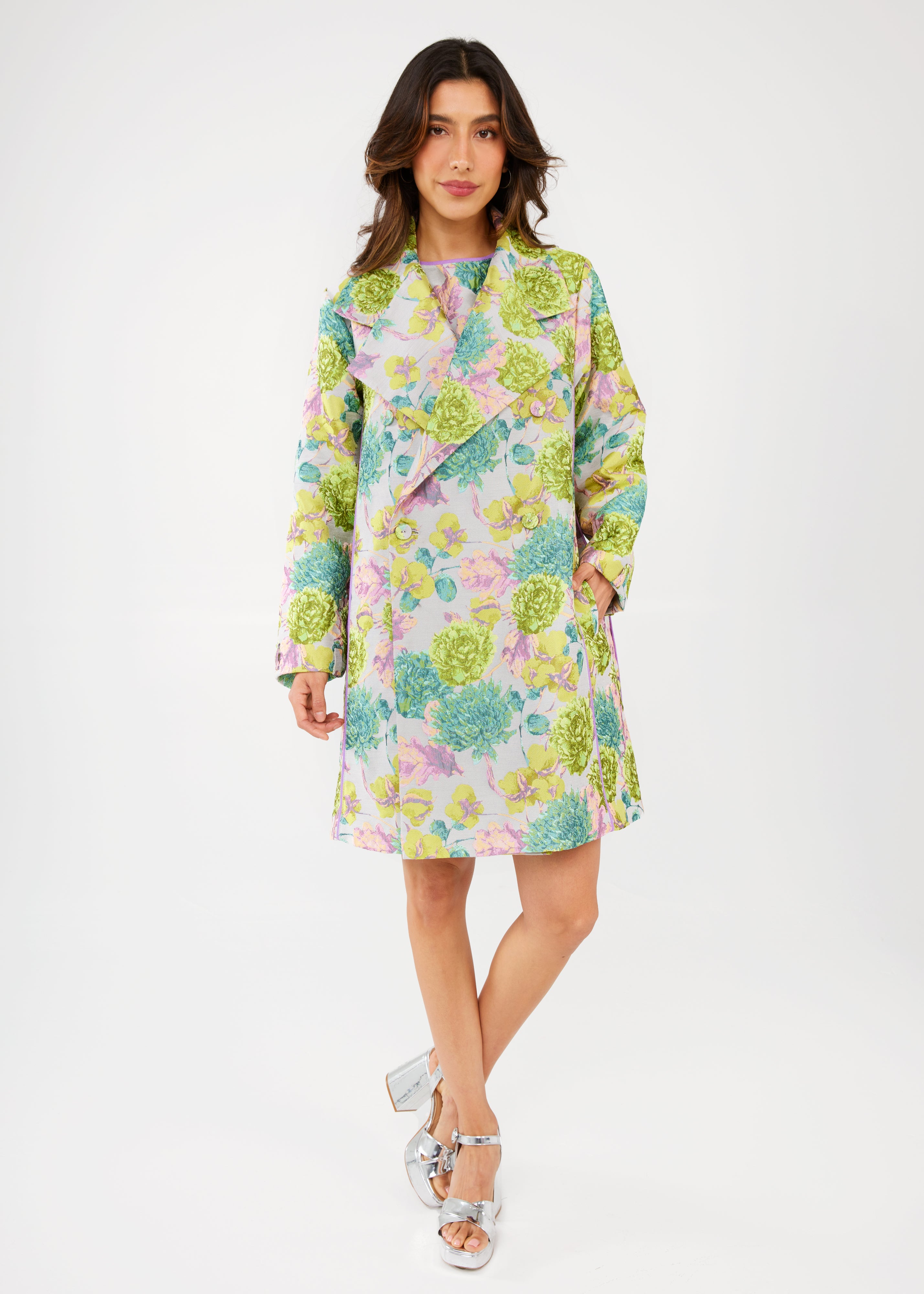 Marisol Coat Chartreuse Vintage Dahlia Jacquard