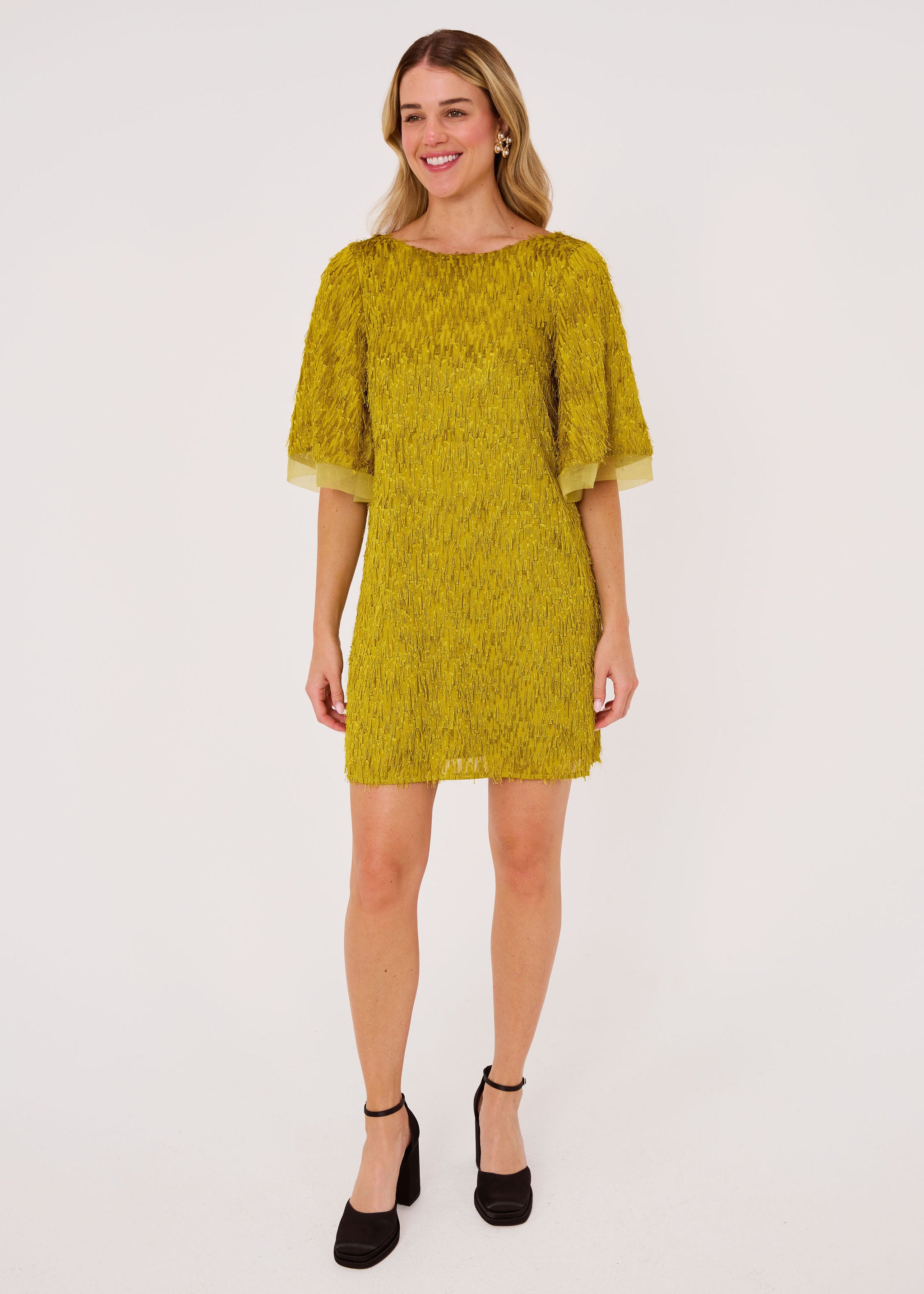 Blythe Dress Golden Olive Fringe Chiffon