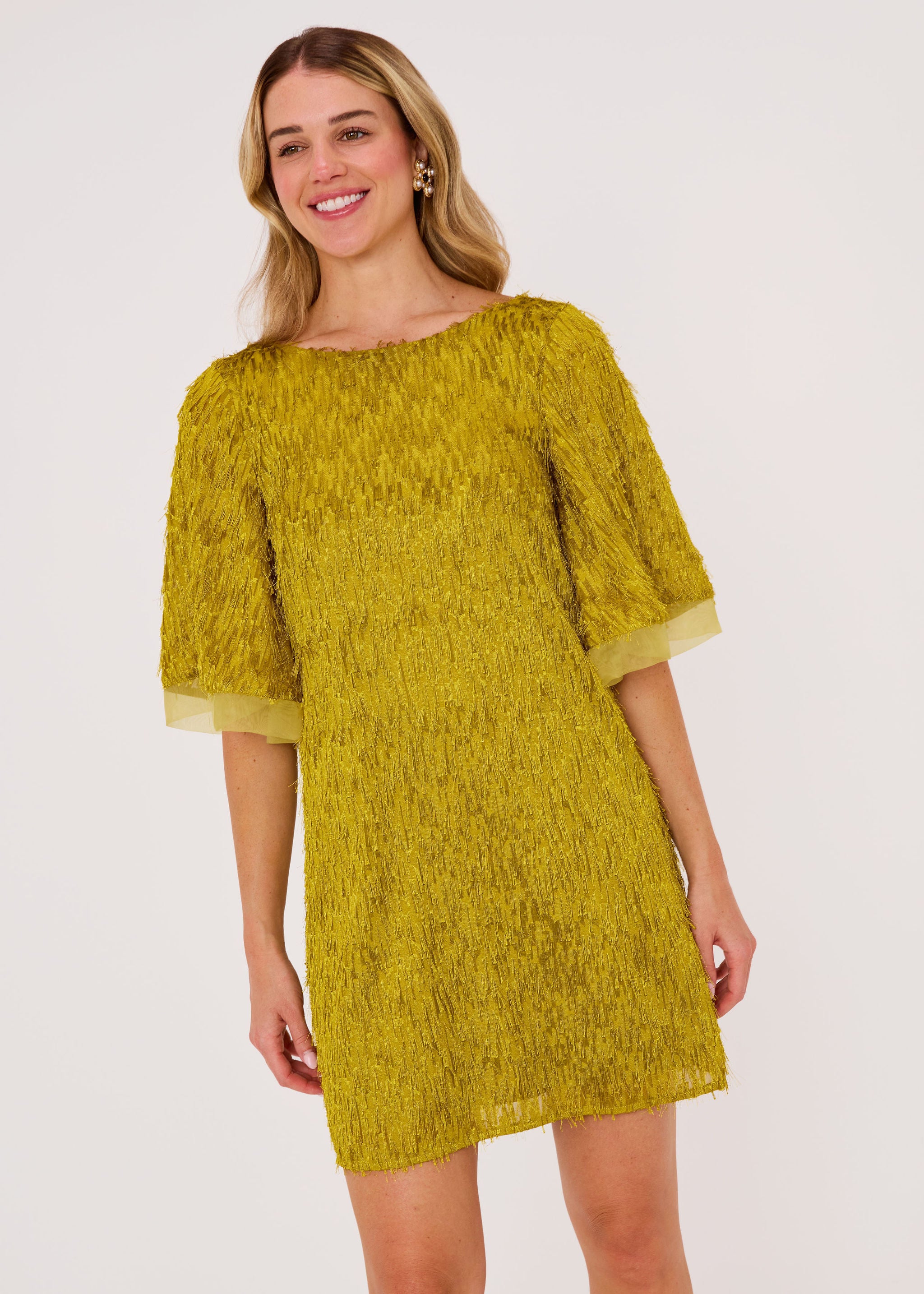 Blythe Dress Golden Olive Fringe Chiffon