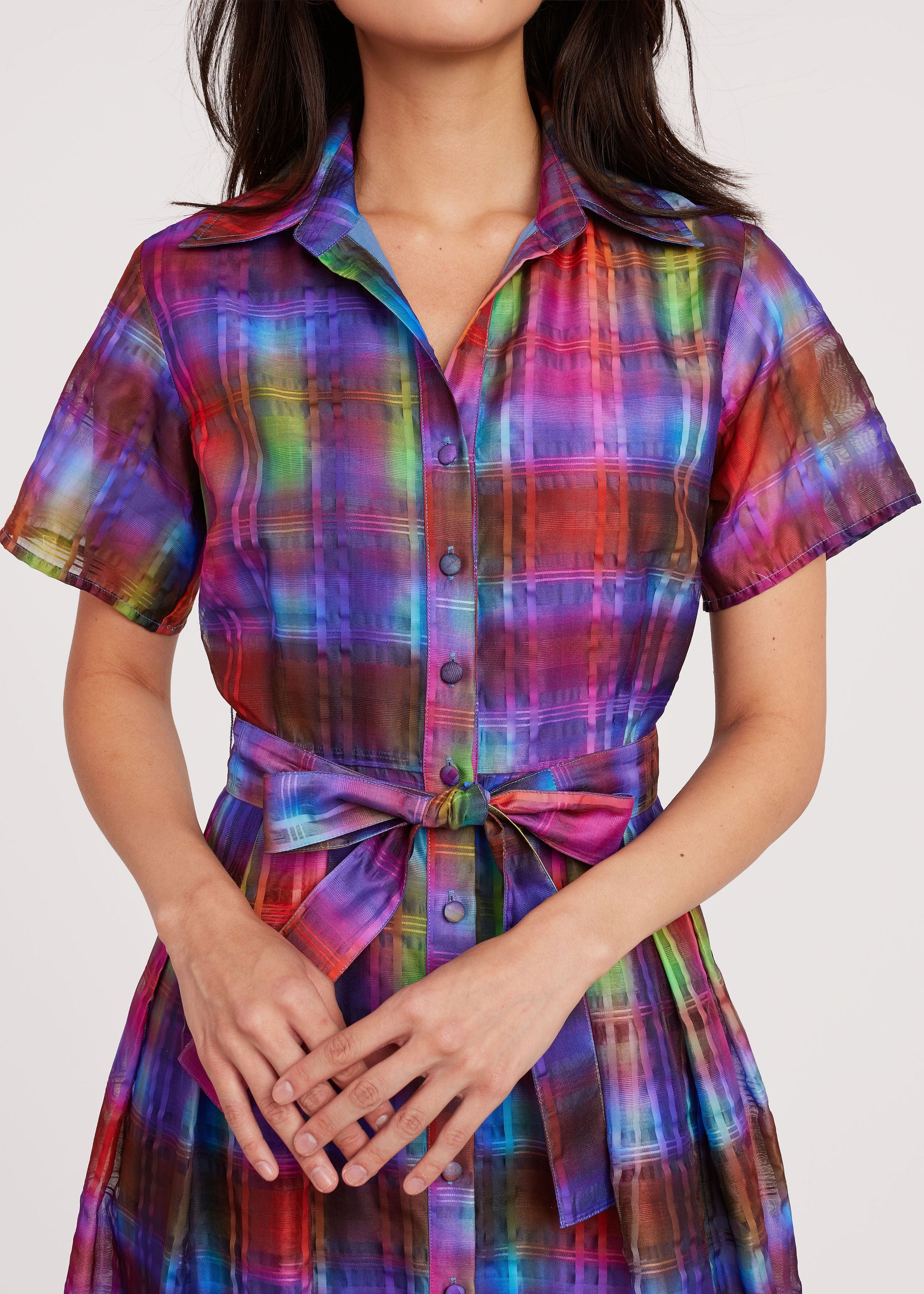 Cecilia Midi Dress Short Sleeve Prism Plaid Organza