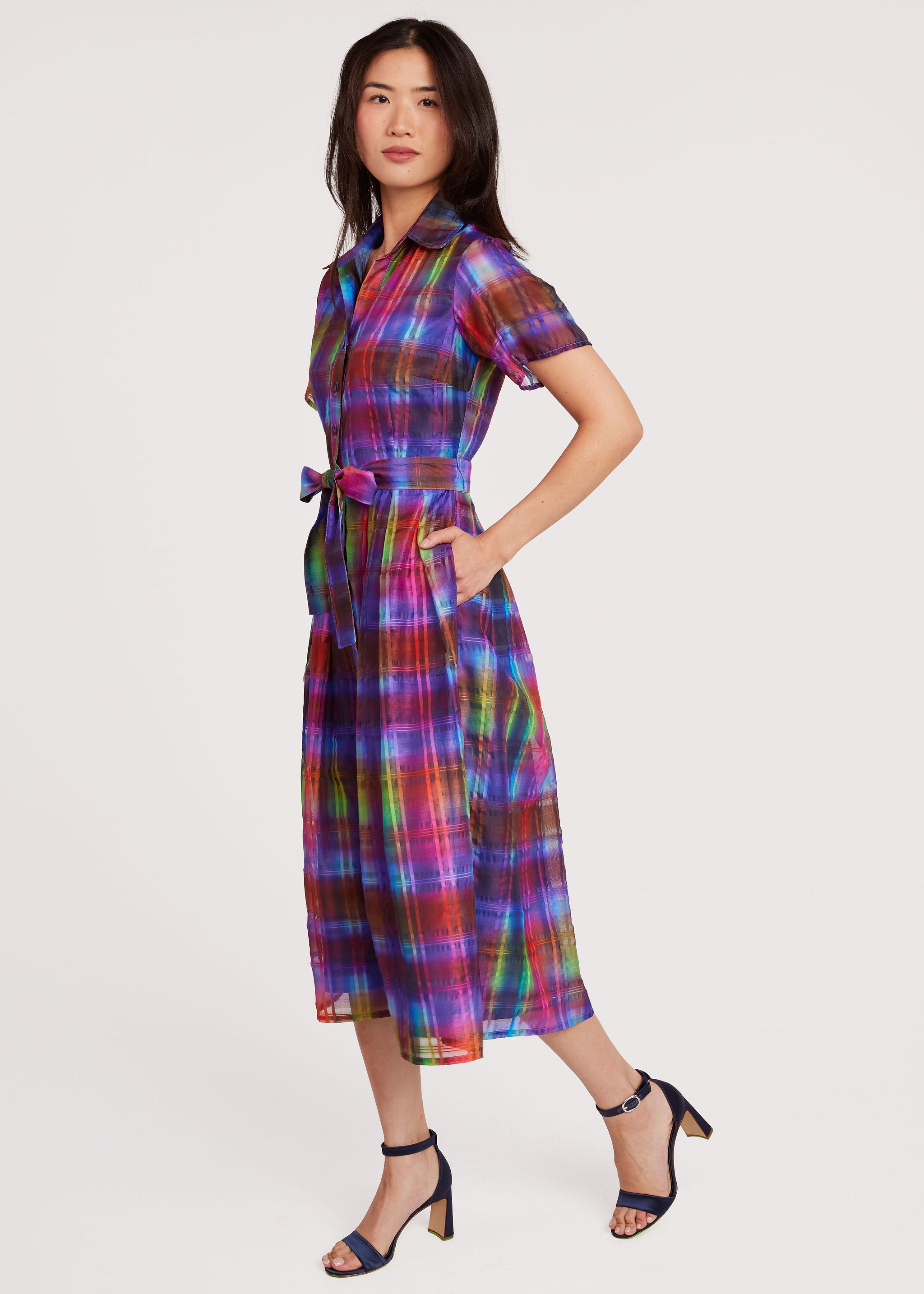 Cecilia Midi Dress Short Sleeve Prism Plaid Organza