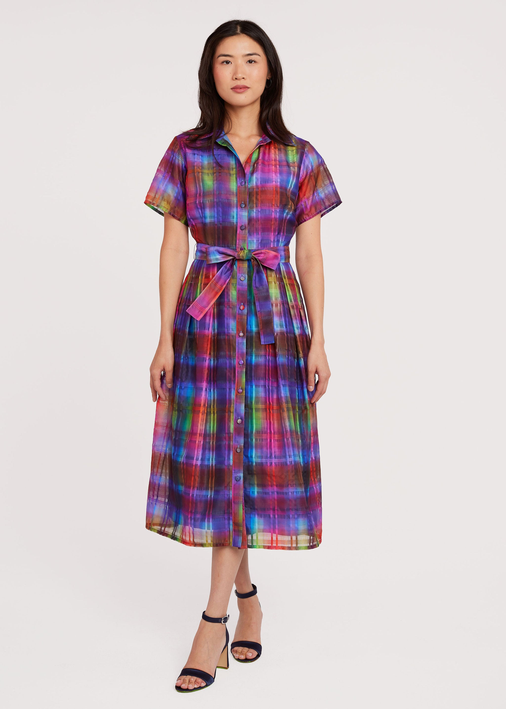 Cecilia Midi Dress Short Sleeve Prism Plaid Organza