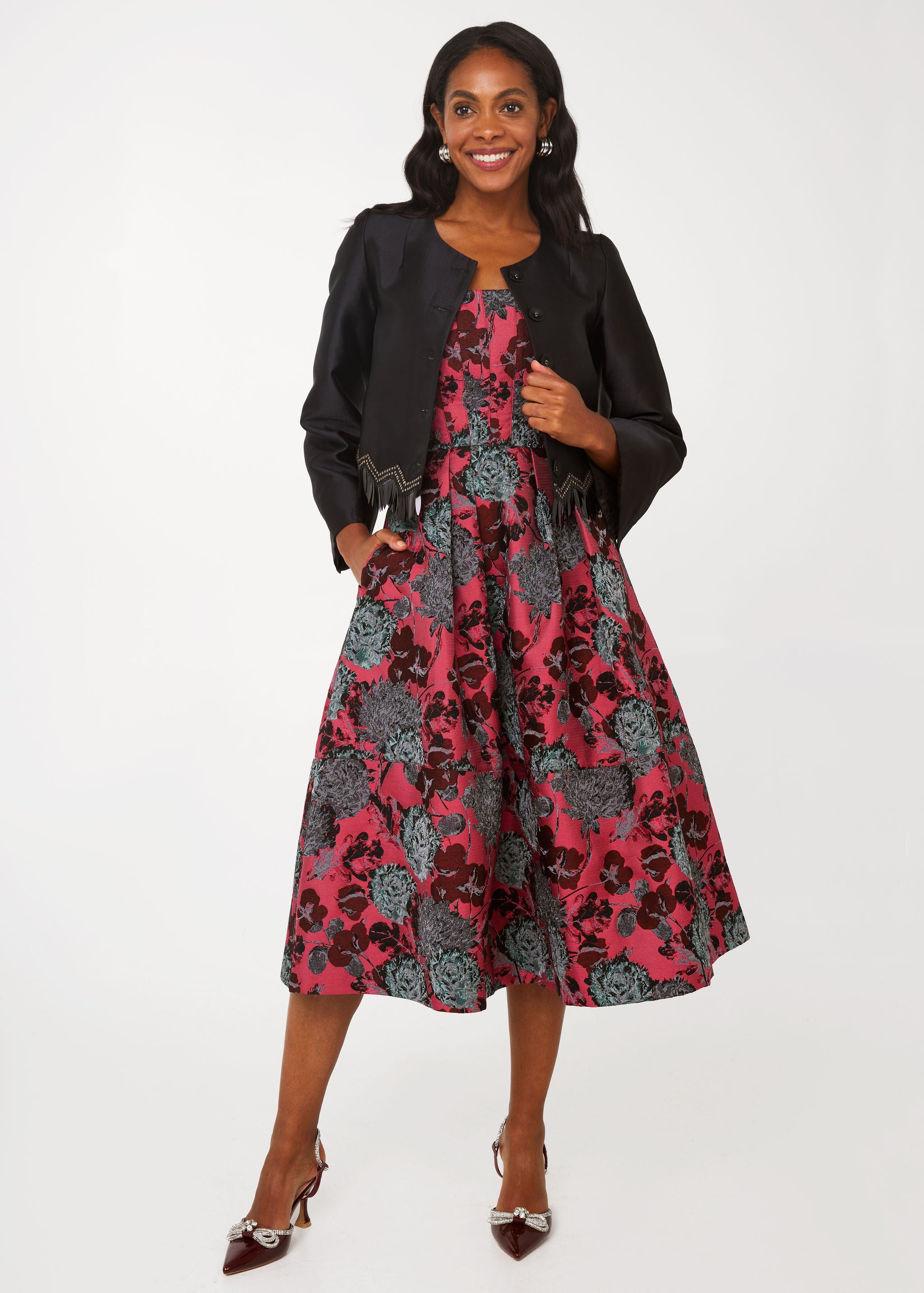 Catherine Dress Hot Pink Vintage Dahlia Jacquard