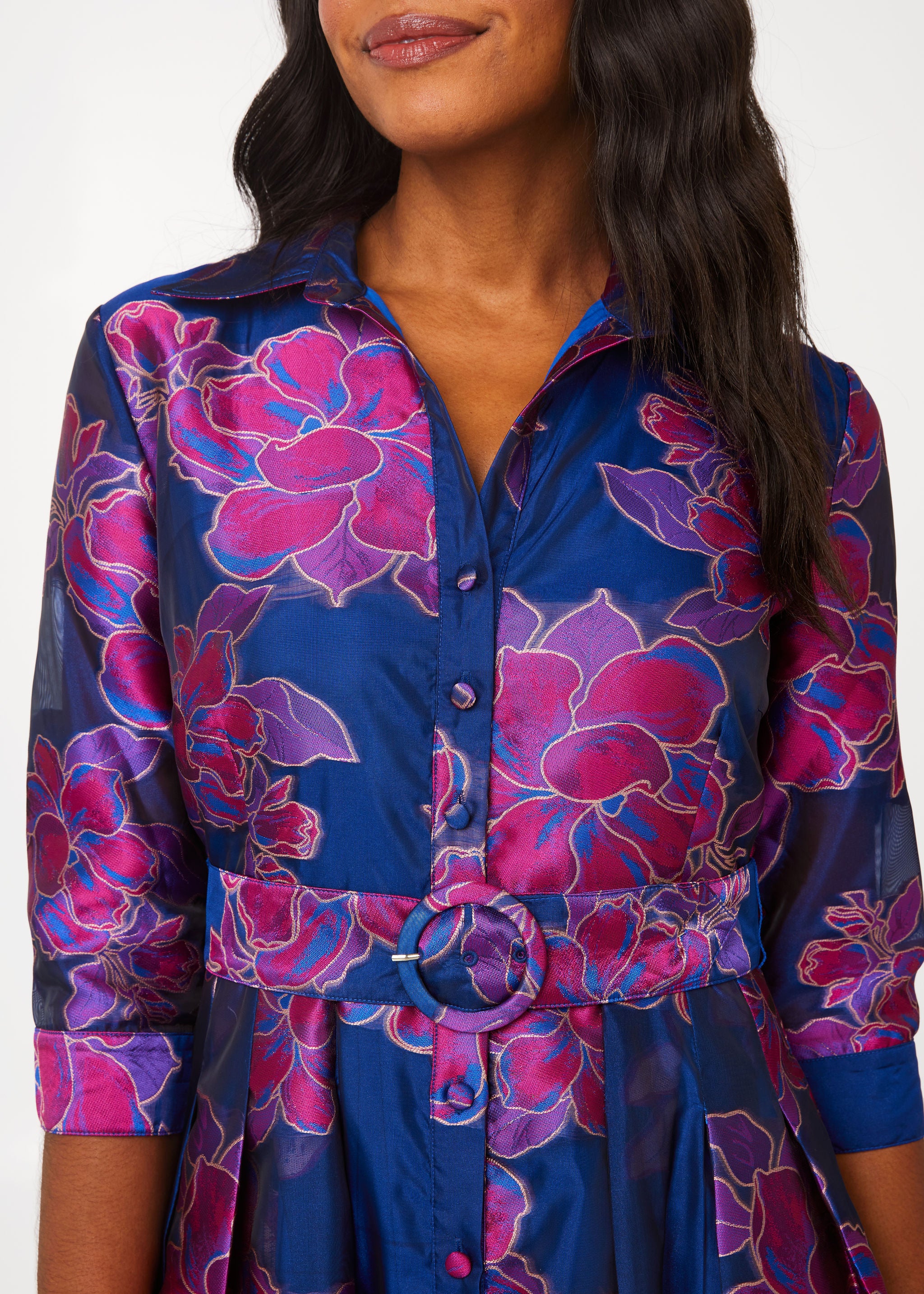 Cecilia Gown Fuchsia Navy Peony Organza