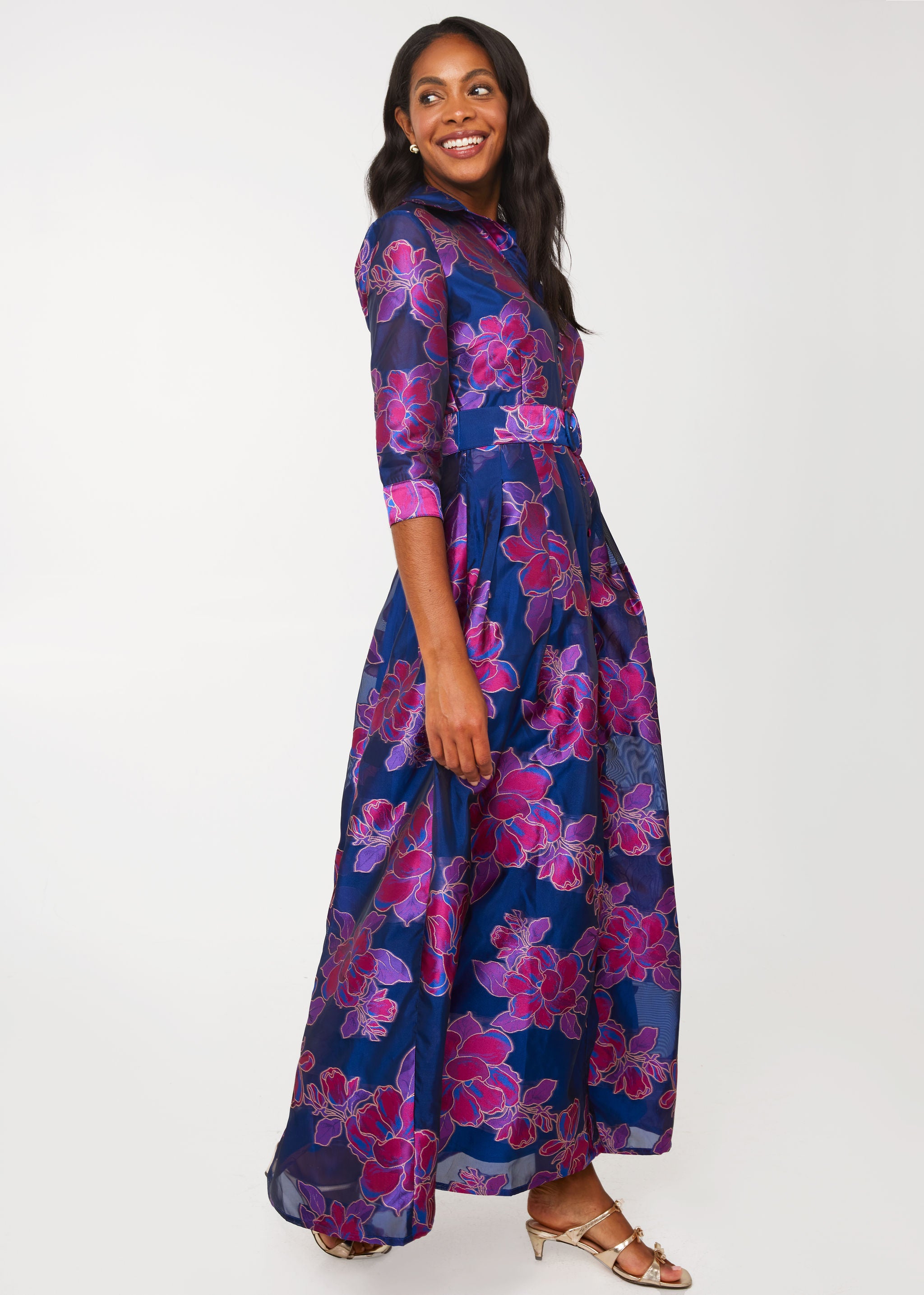 Cecilia Gown Fuchsia Navy Peony Organza