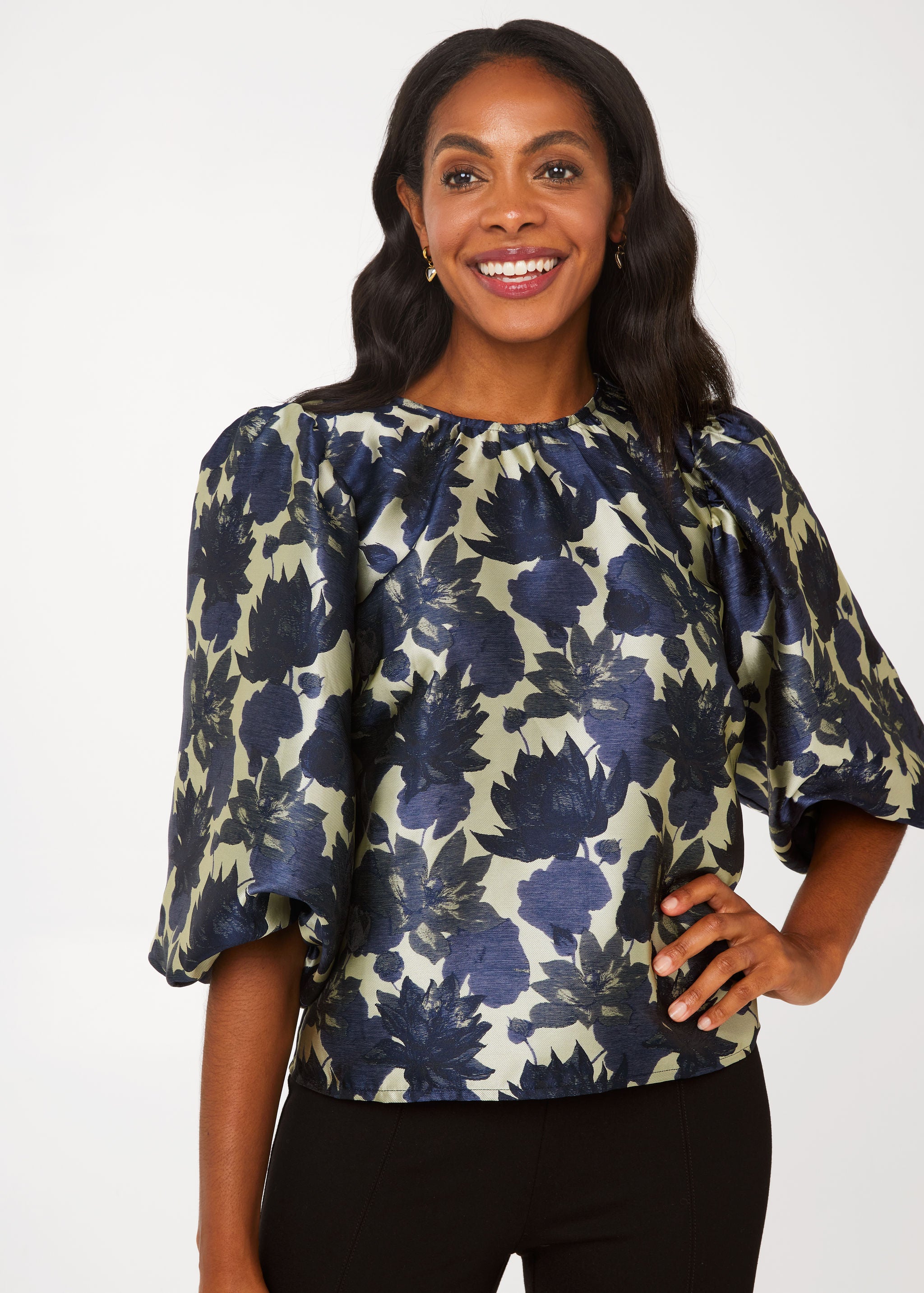 Hadley Top Ivory and Navy Floral Silhouette Jacquard