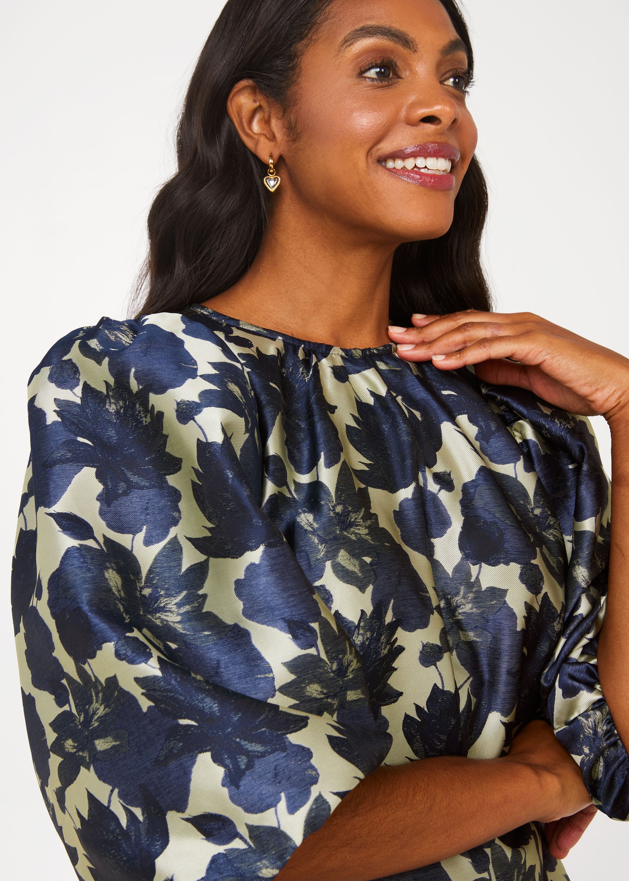 Hadley Top Ivory and Navy Floral Silhouette Jacquard