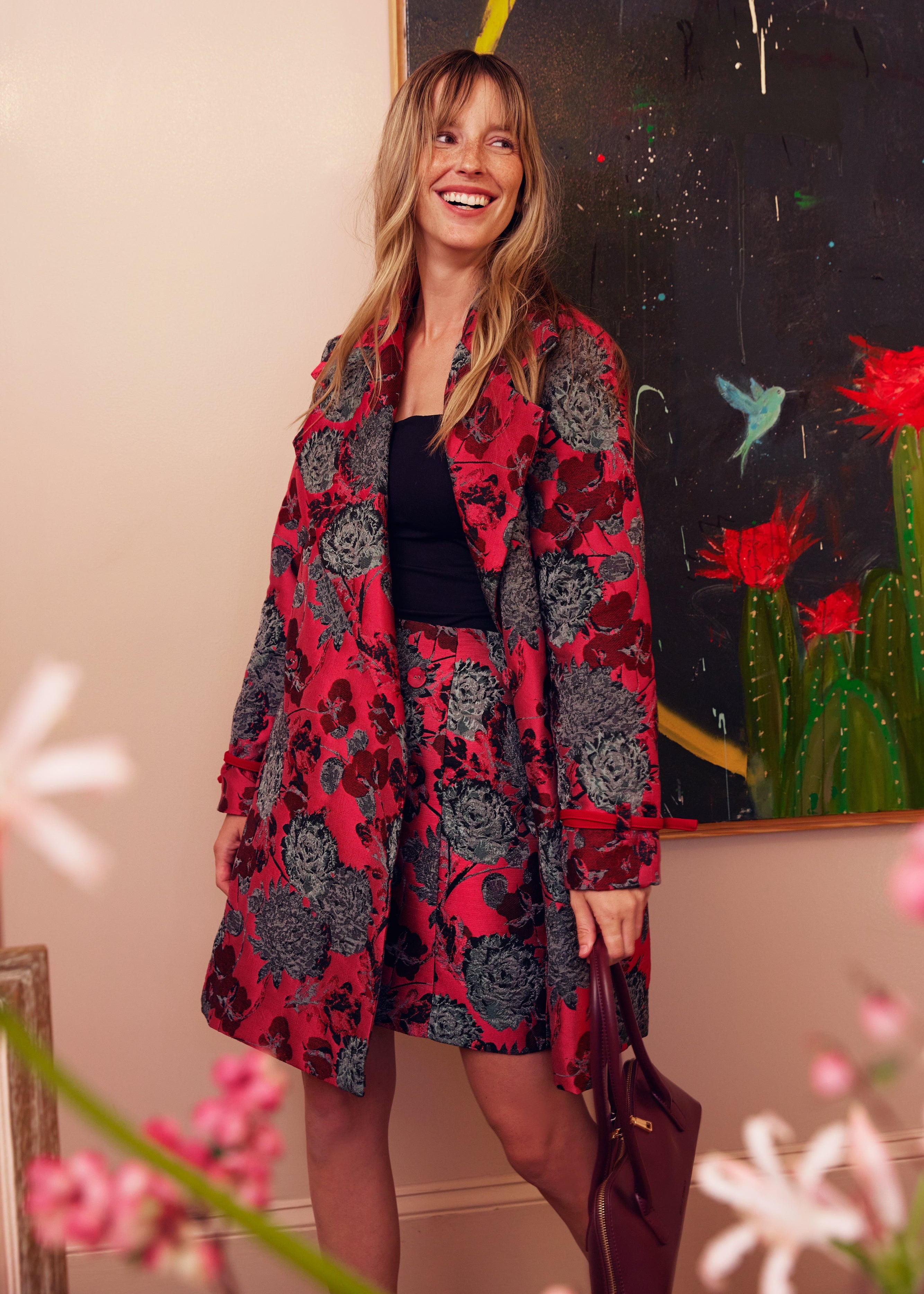 Marisol Coat Hot Pink Vintage Dahlia Jacquard