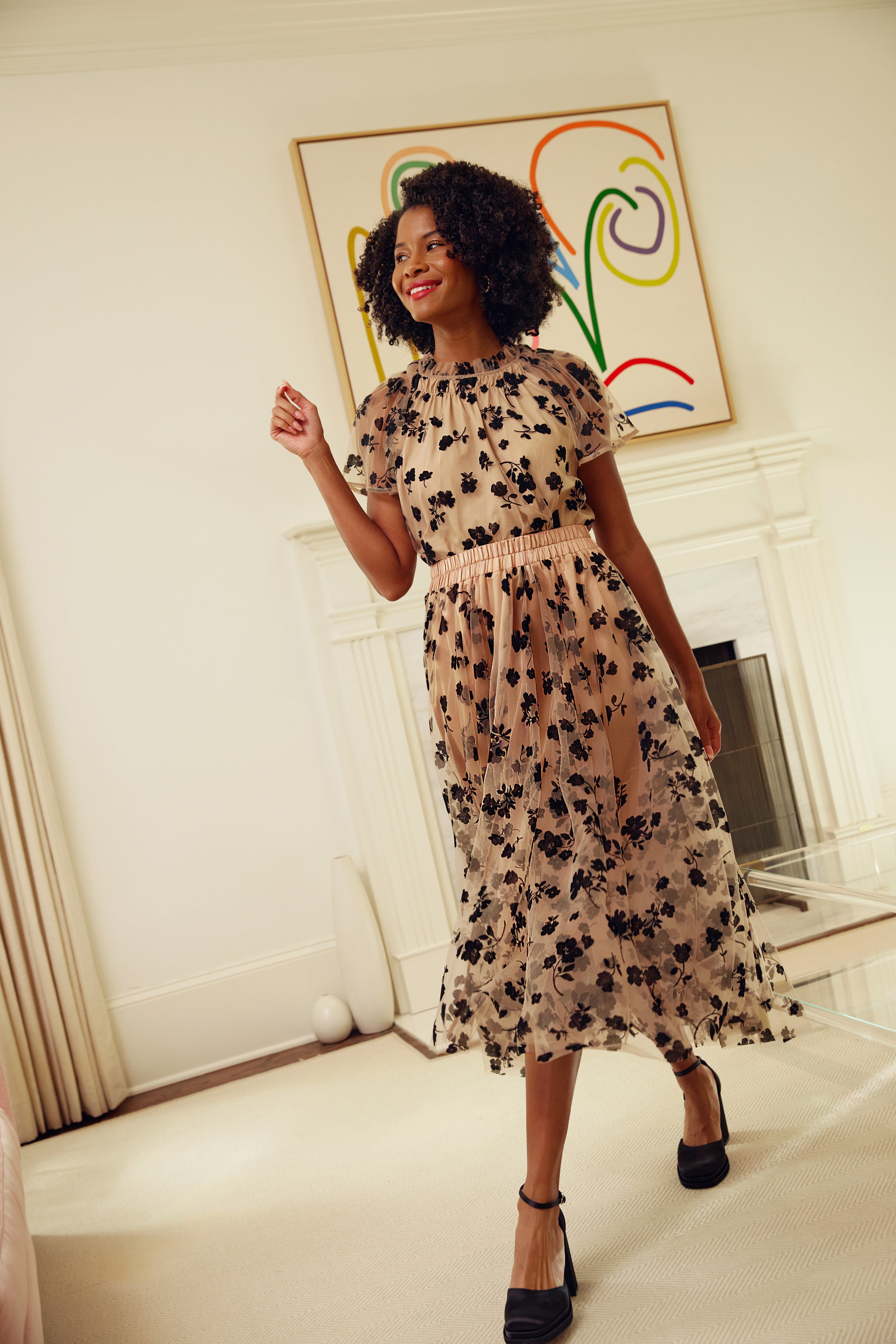 Quinn Blouse Nude Floral Velvet Tulle