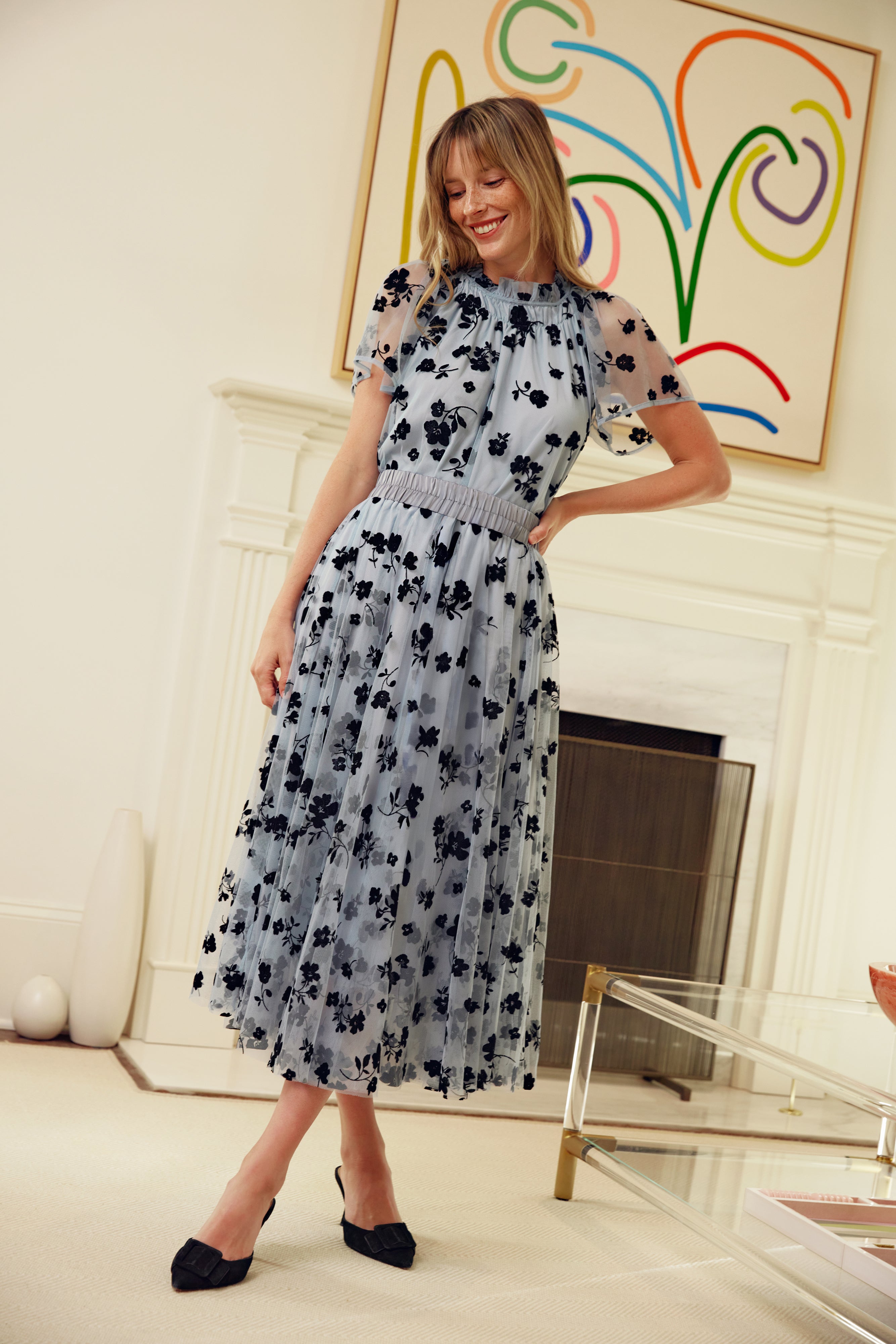 Sue Skirt Blue Floral Velvet Tulle