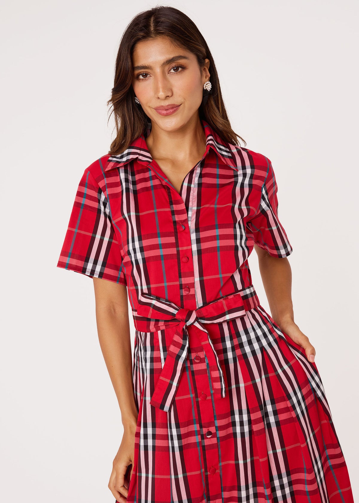 Cecilia Midi Dress Short Sleeve Red Plaid Poplin