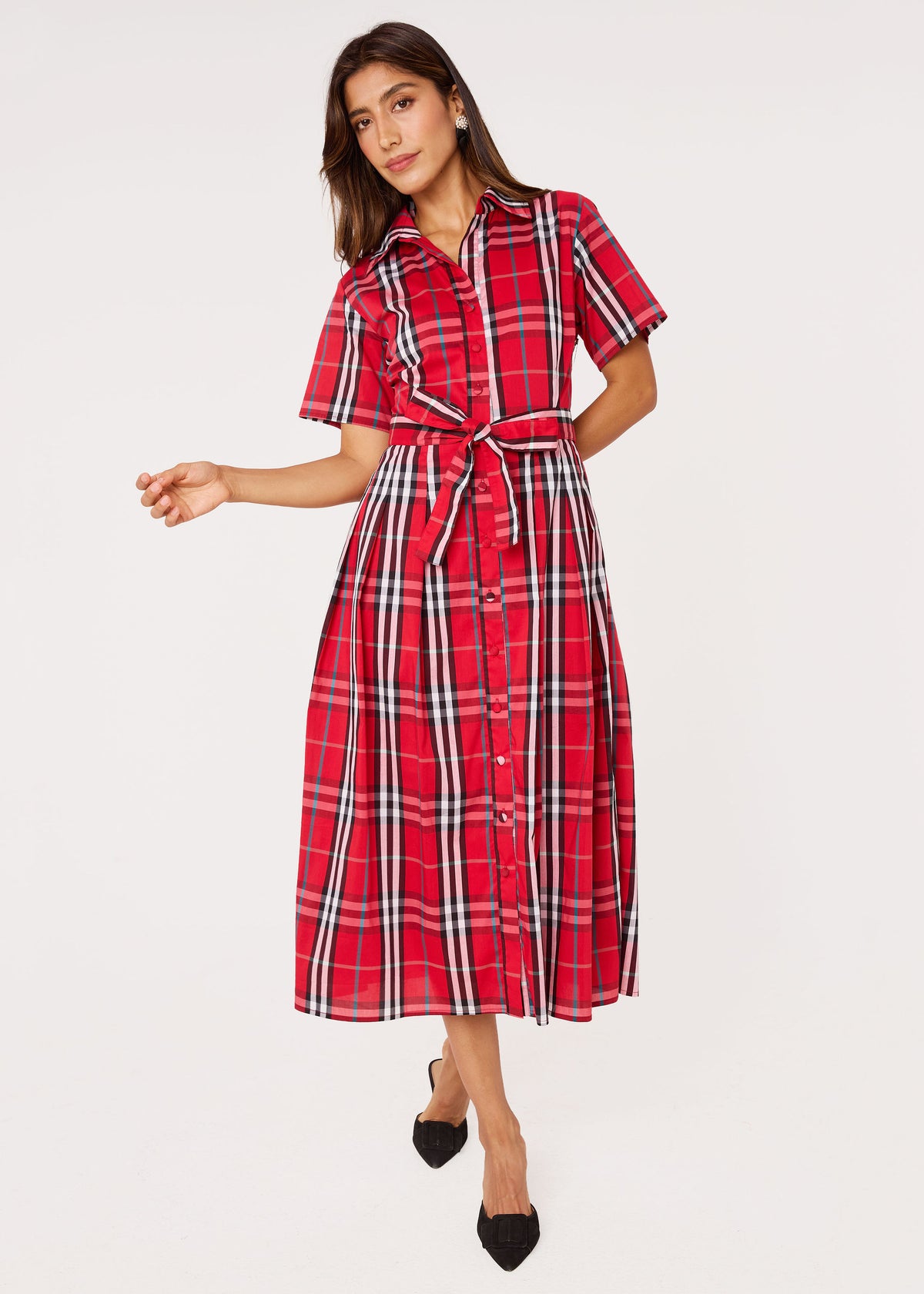 Cecilia Midi Dress Short Sleeve Red Plaid Poplin