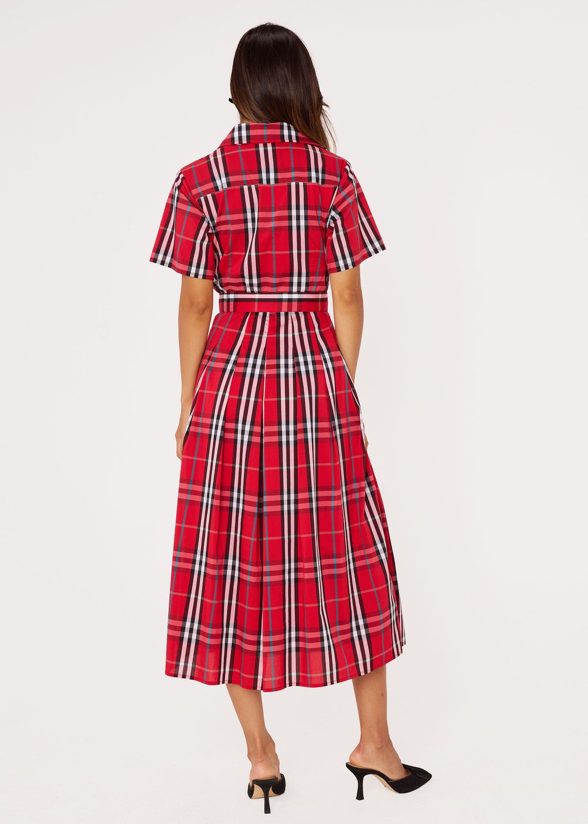 Cecilia Midi Dress Short Sleeve Red Plaid Poplin