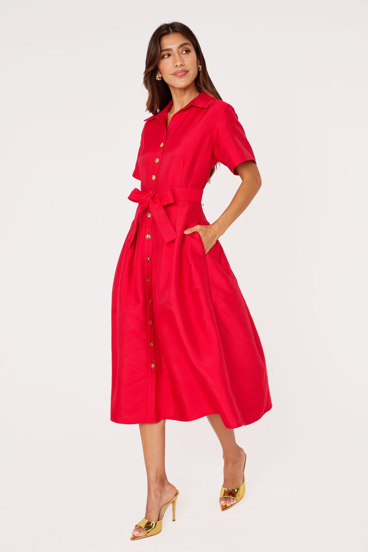 Cecilia Midi Dress Short Sleeve Red Mikado
