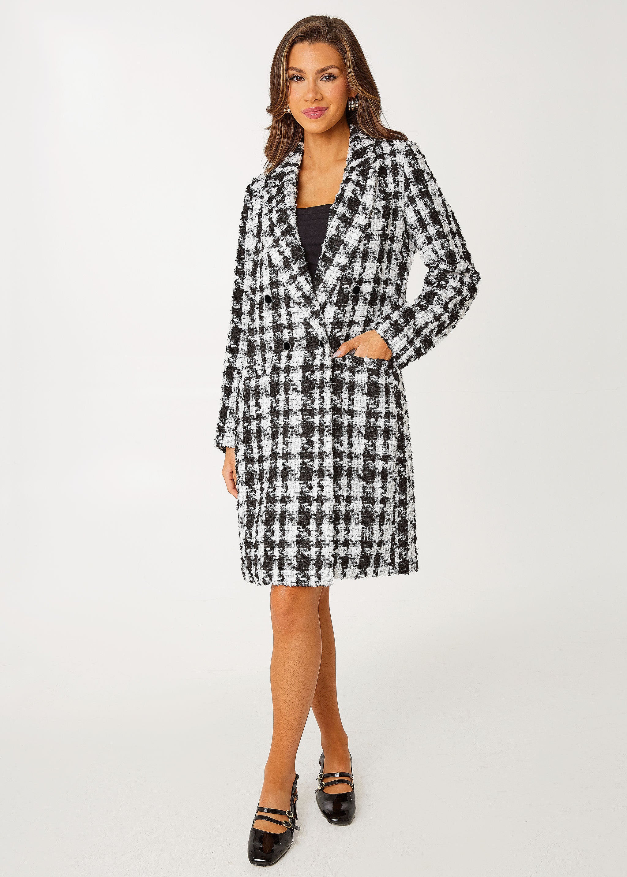 Abigail Coat Black and White Houndstooth Tinsel Tweed