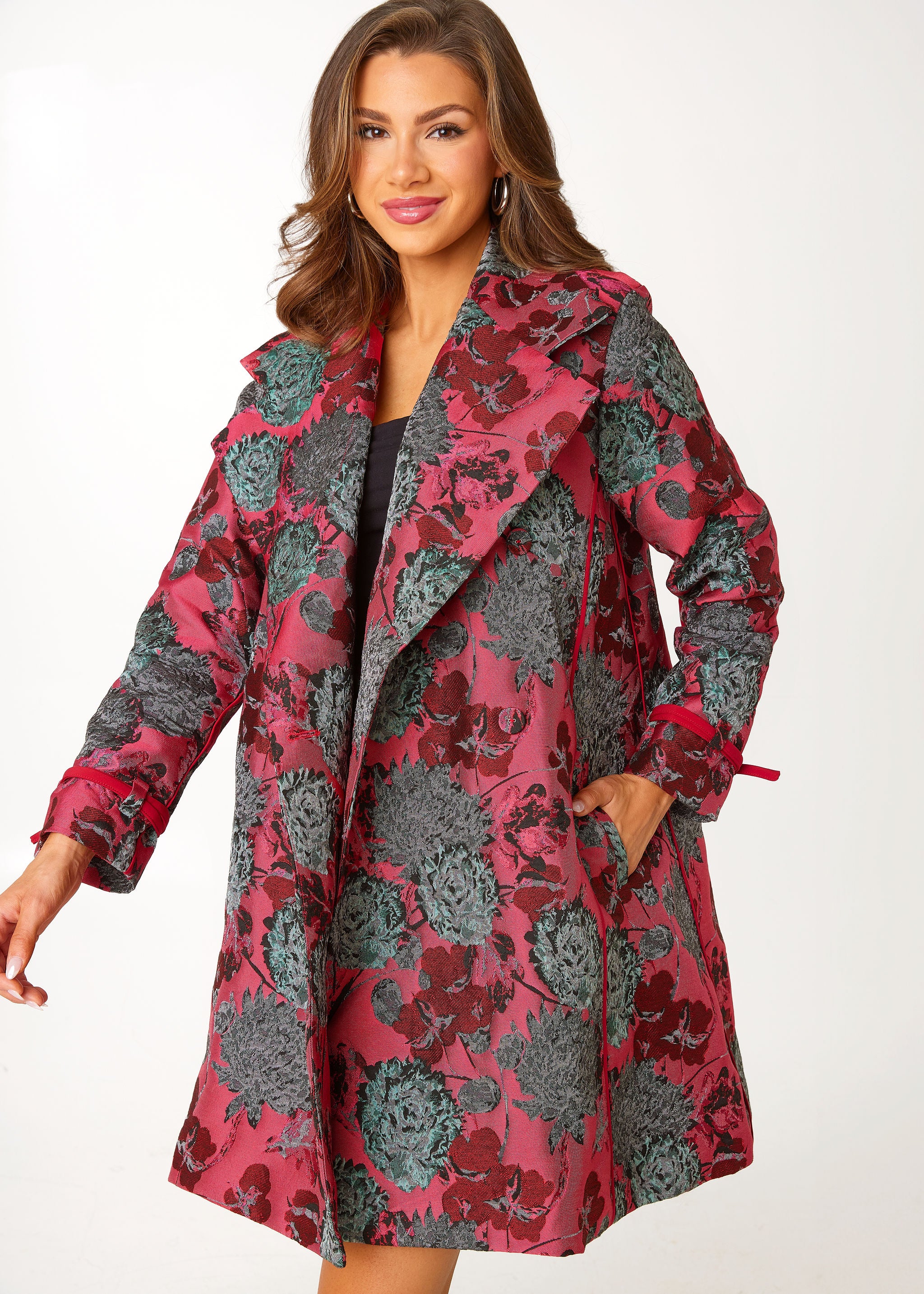 Marisol Coat Hot Pink Vintage Dahlia Jacquard