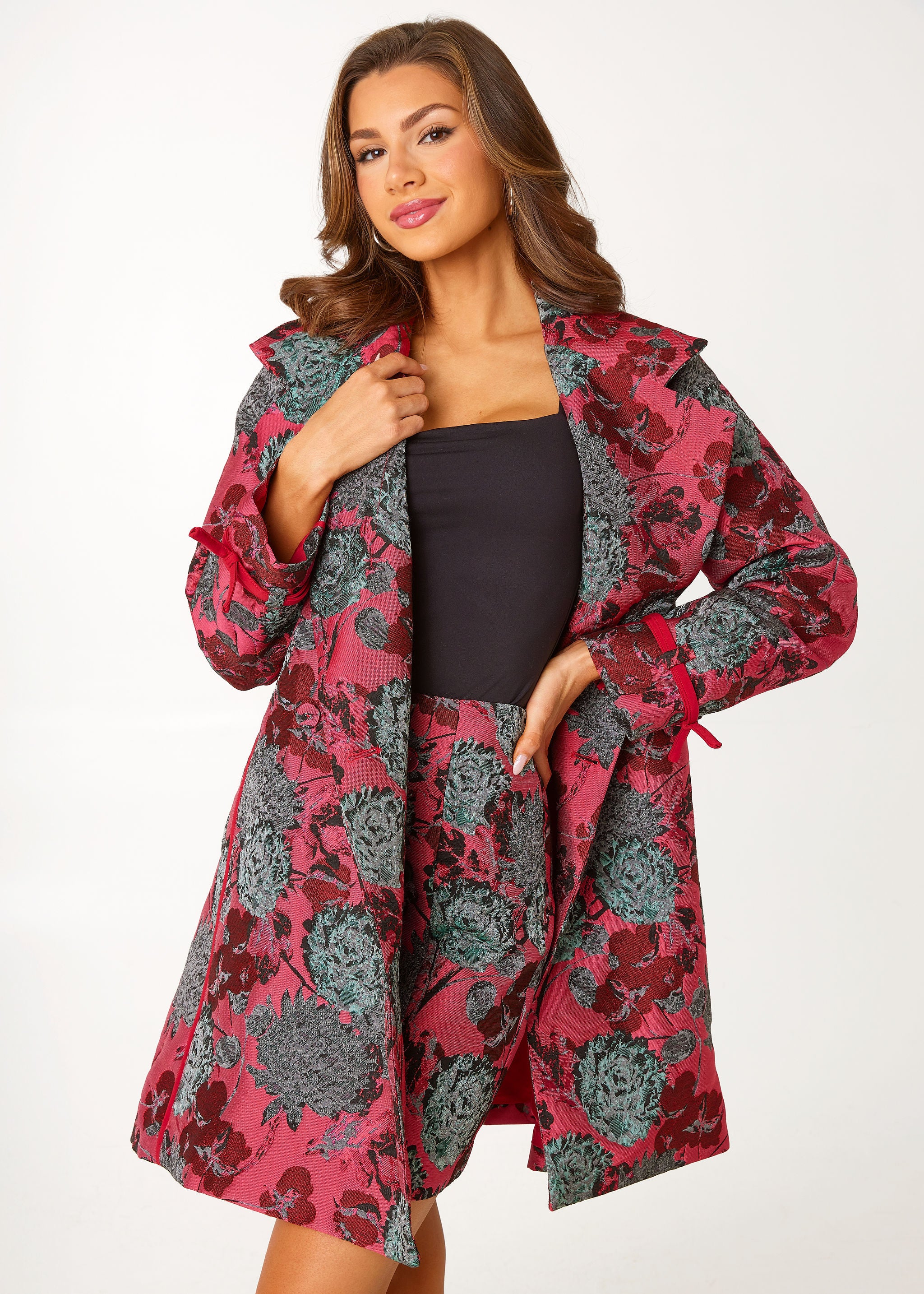Marisol Coat Hot Pink Vintage Dahlia Jacquard