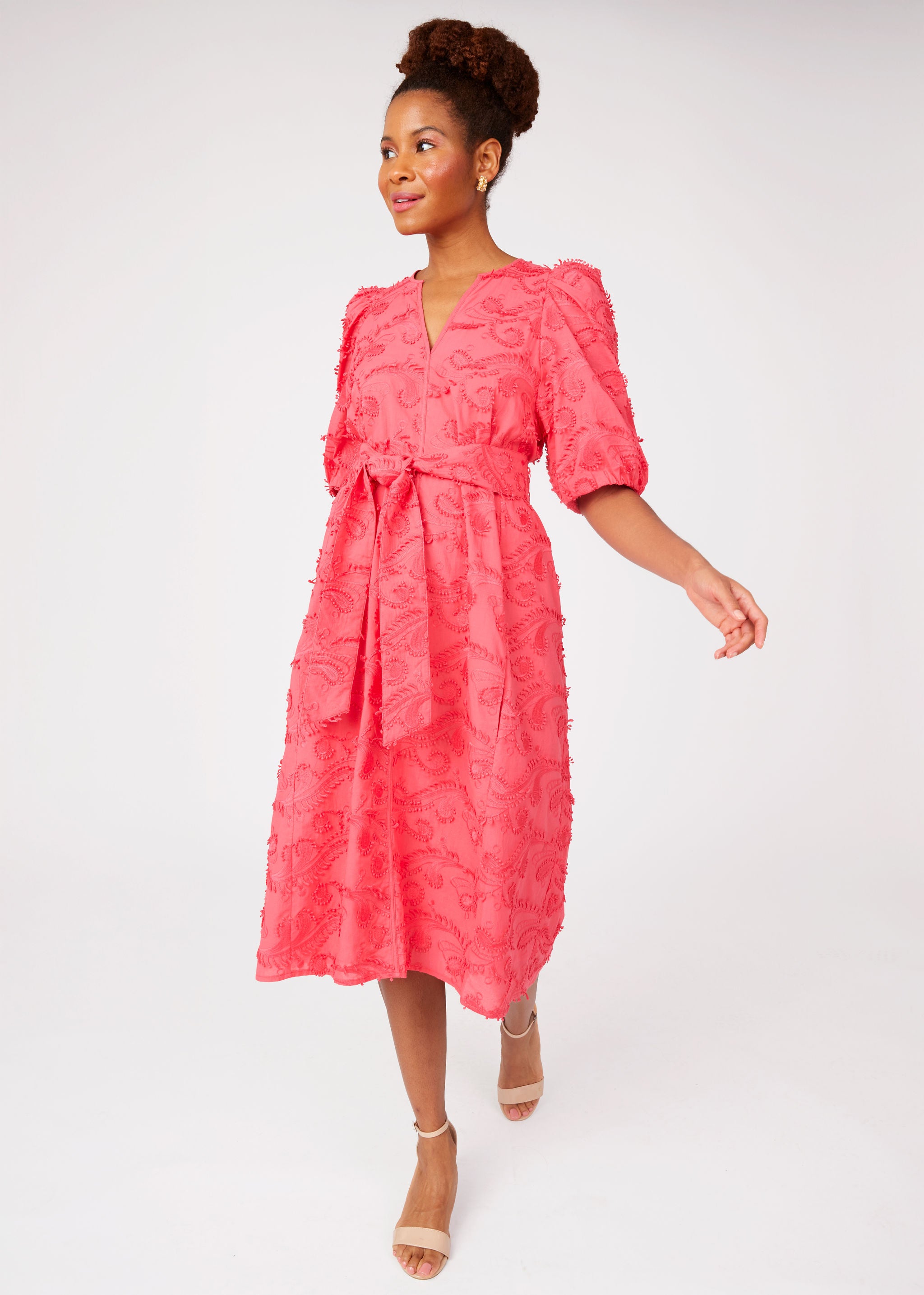 Florence Dress Hot Coral 3D Paisley Cotton