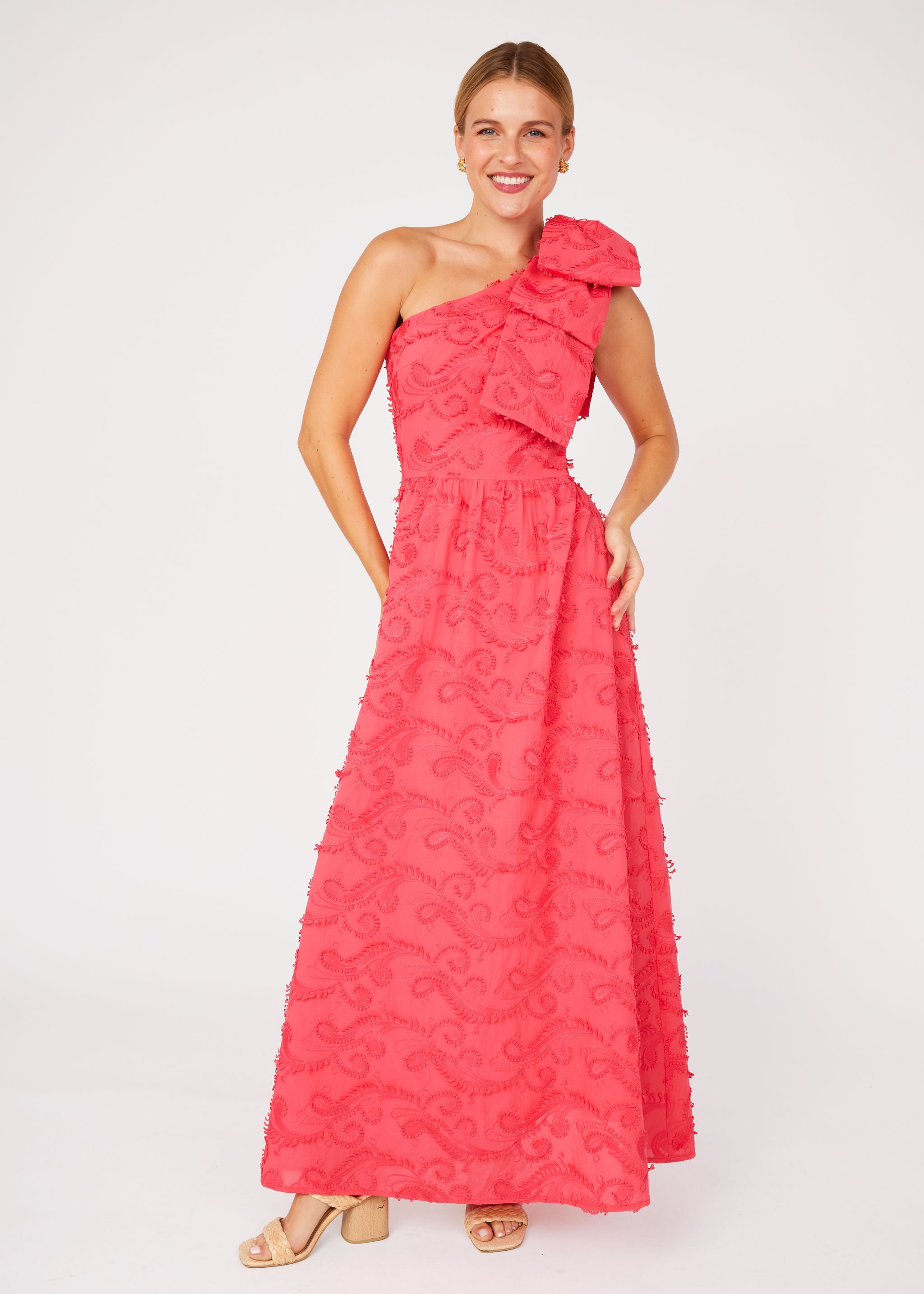 Caroline Gown Hot Coral 3D Paisley Cotton