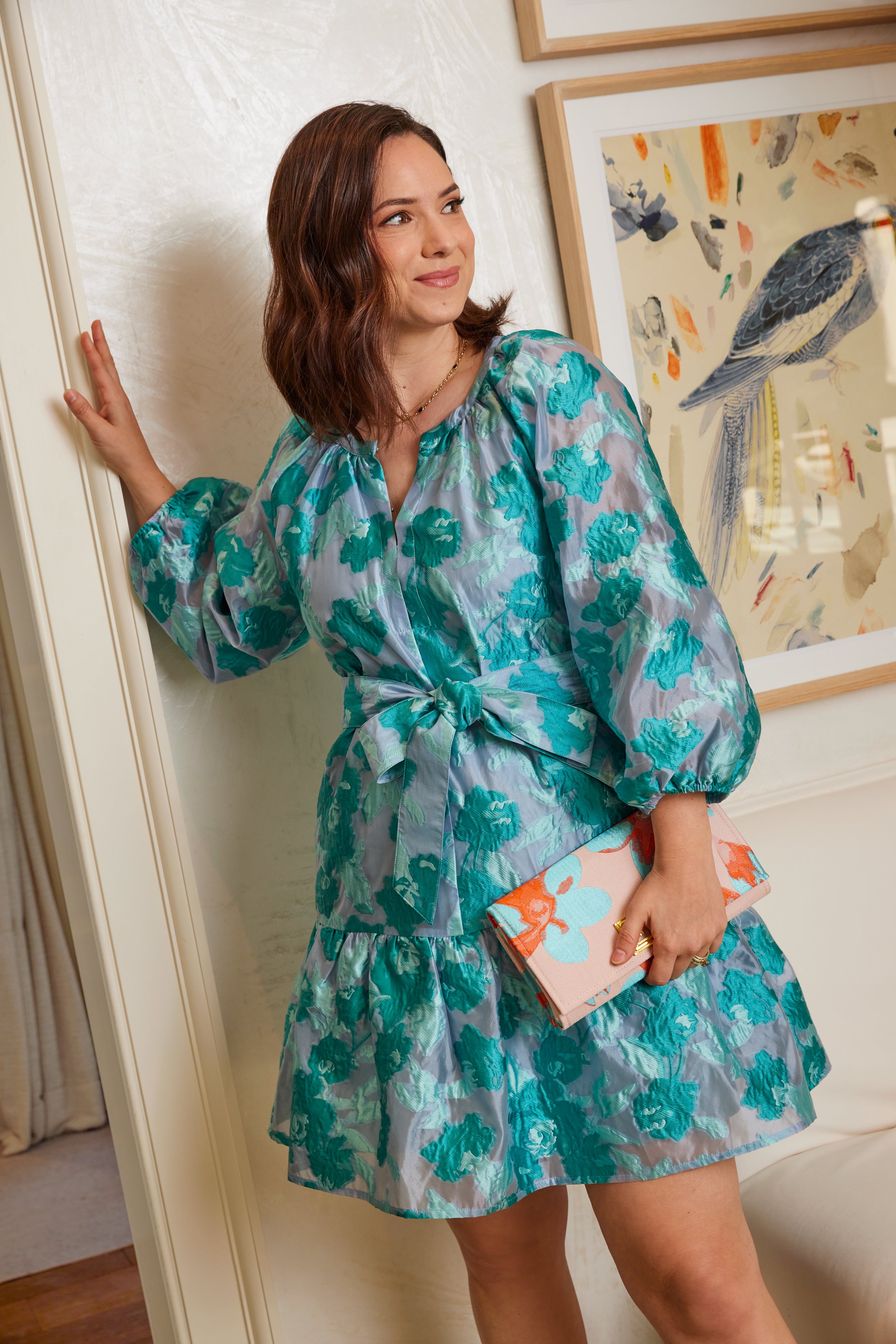 Elise Mini Dress Mint Rose Vine Organza