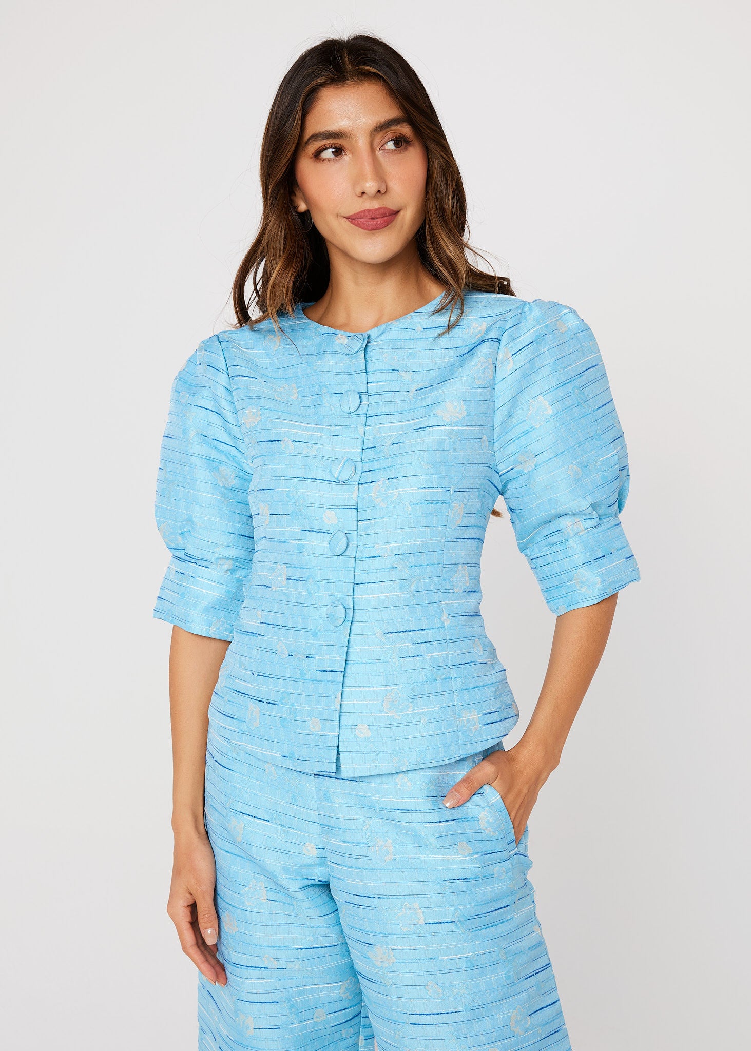 Cleo Top Blue Textured Dupioni