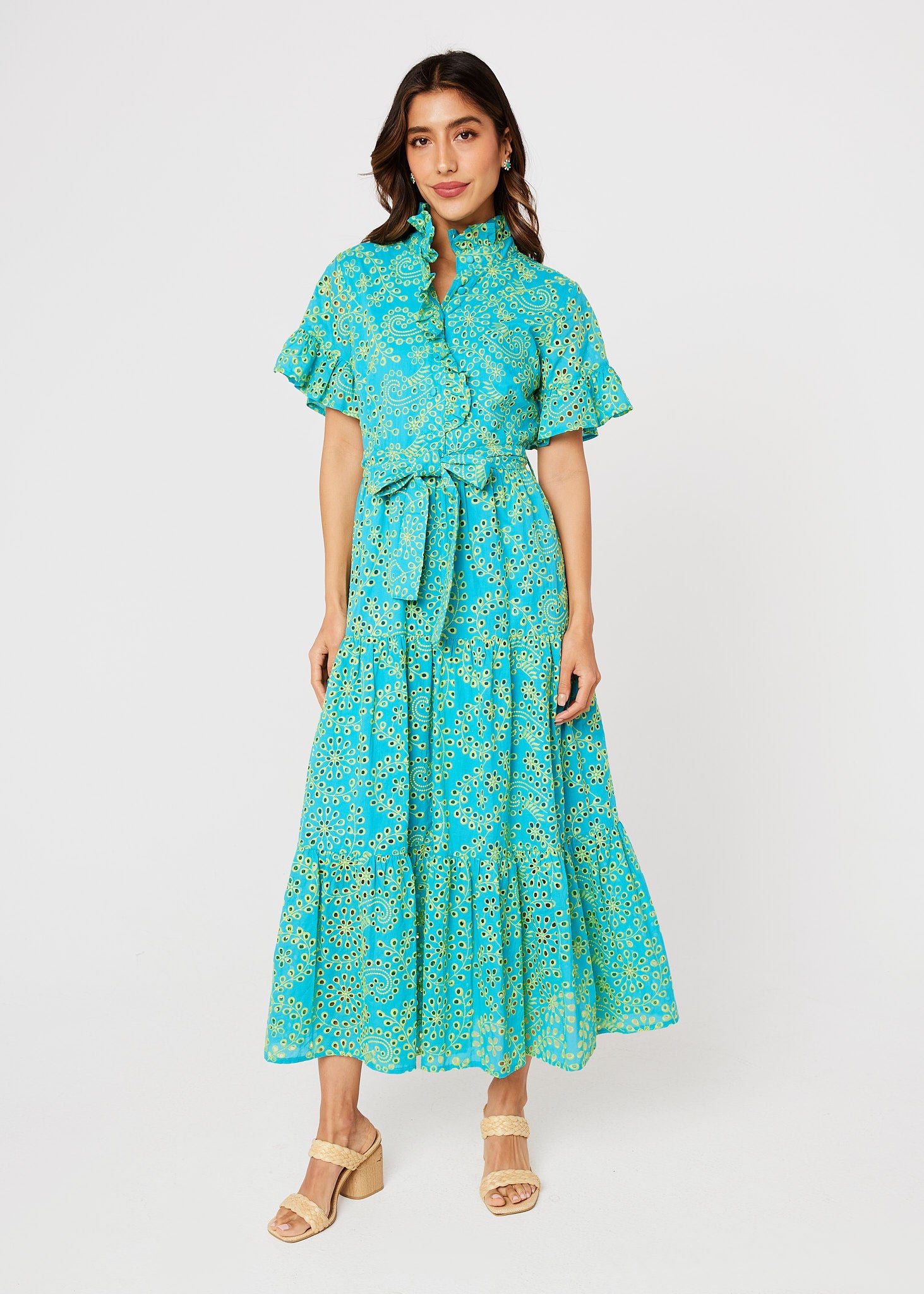 Sadie Maxi Dress Teal and Chartreuse Jasmine Eyelet