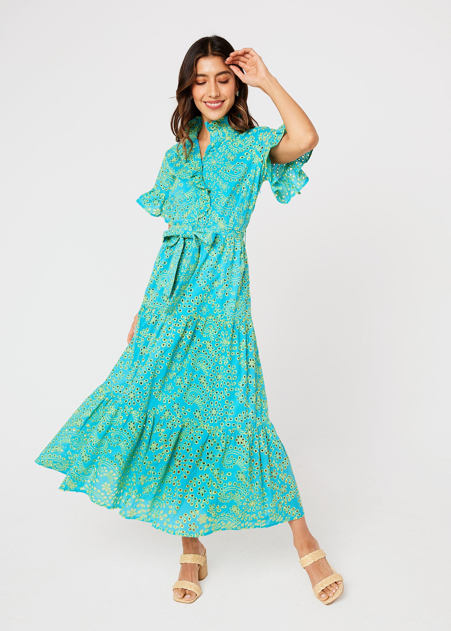 Sadie Maxi Dress Teal and Chartreuse Jasmine Eyelet