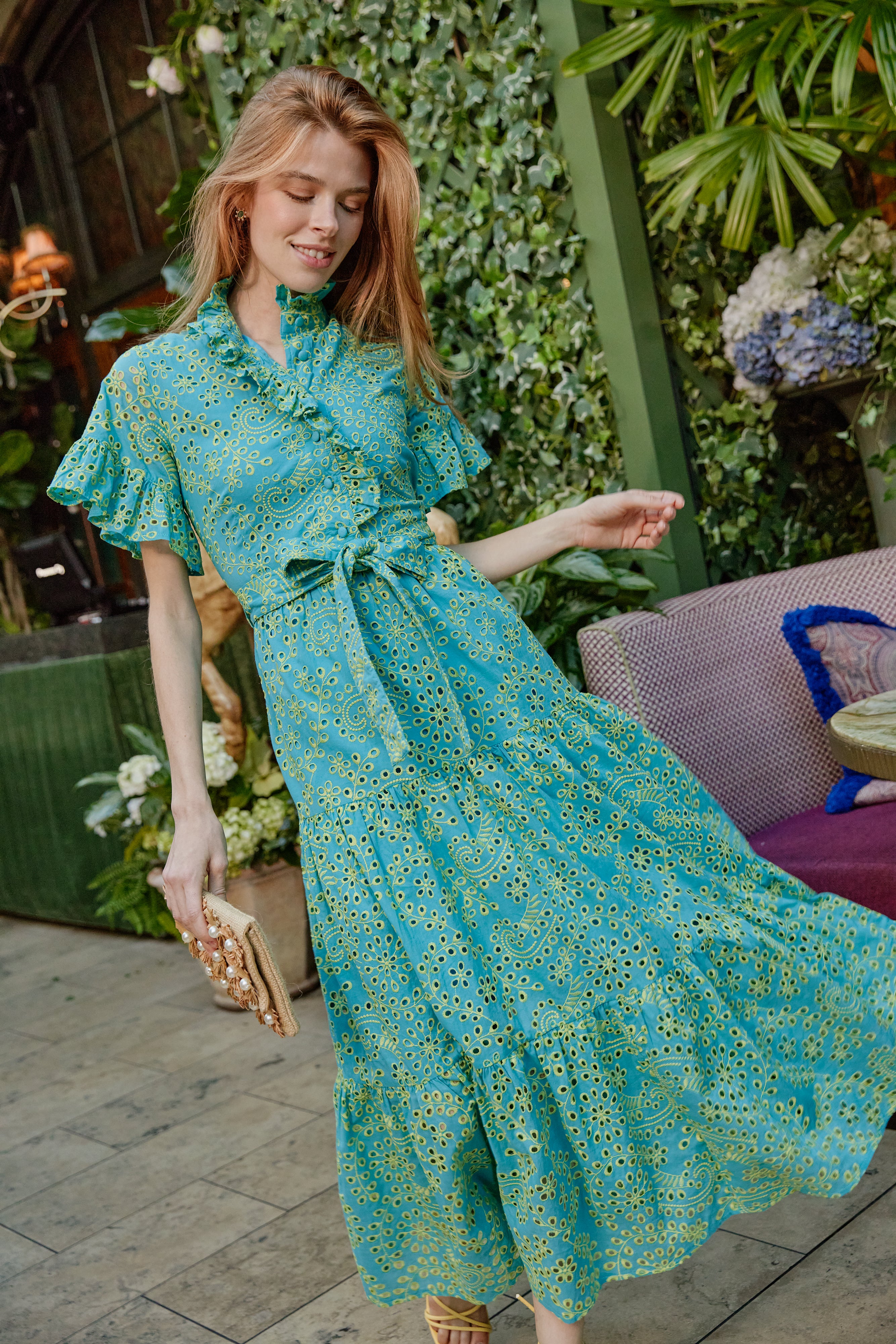 Sadie Maxi Dress Teal and Chartreuse Jasmine Eyelet