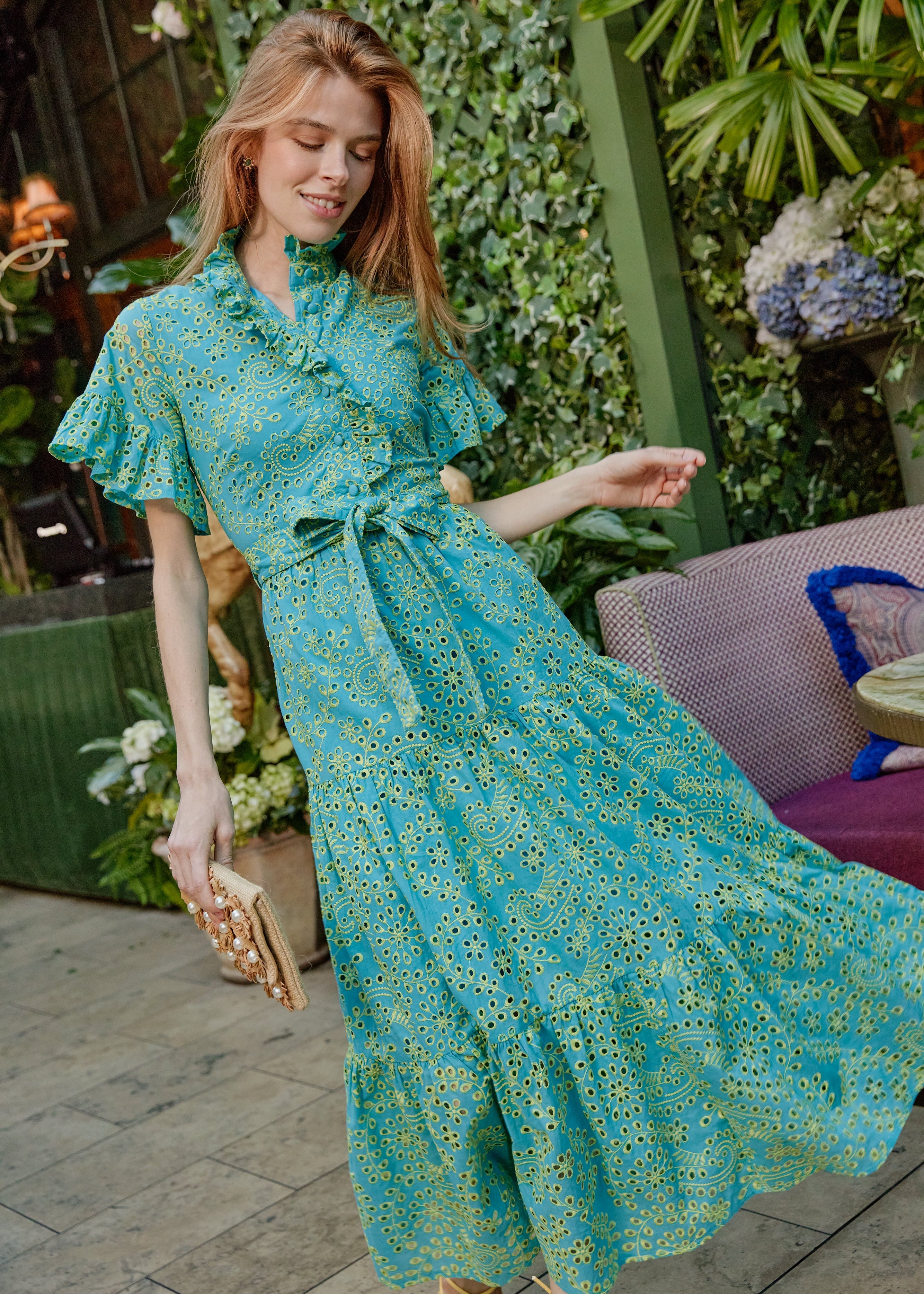Sadie Maxi Dress Teal and Chartreuse Jasmine Eyelet