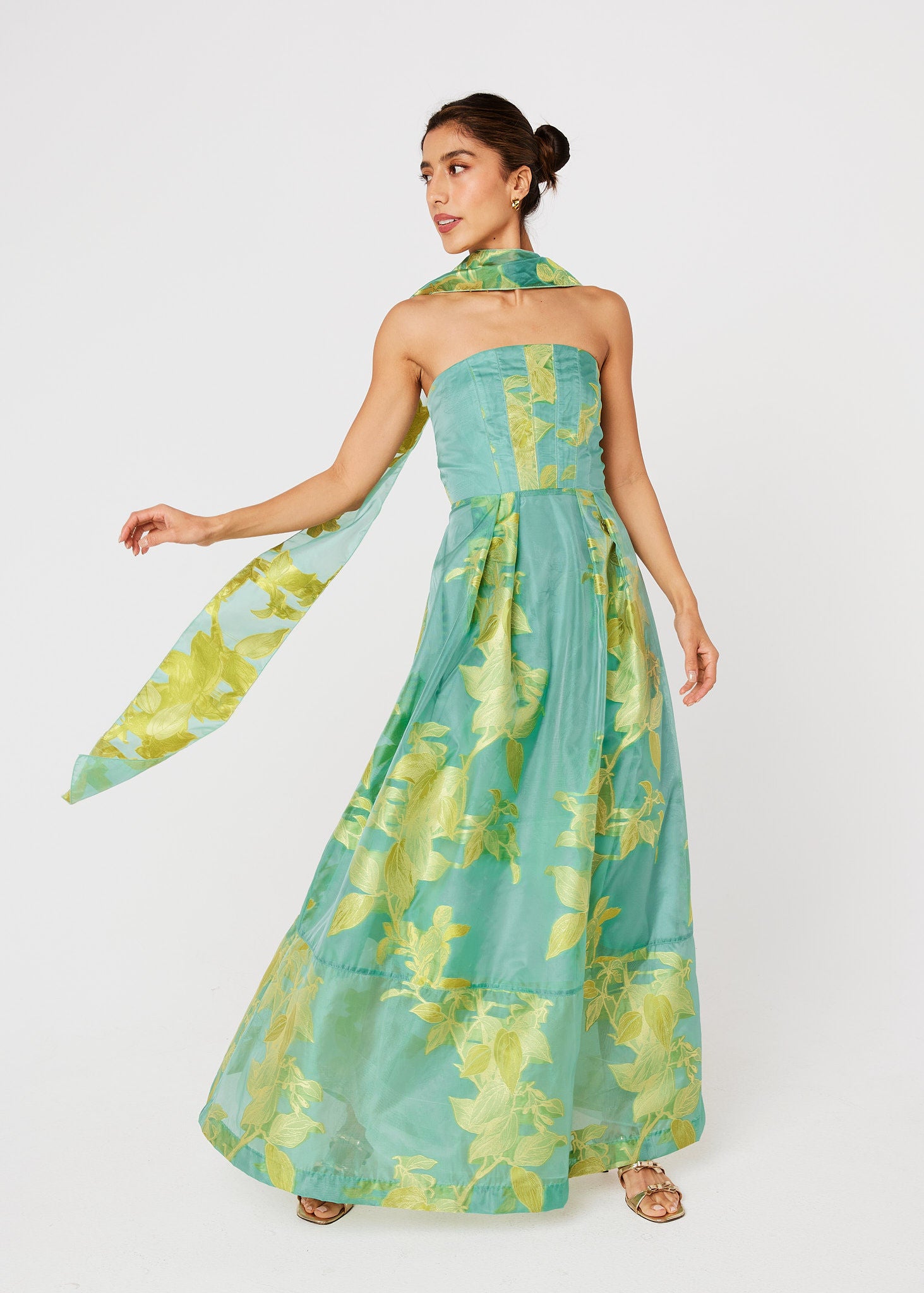Catherine Gown Teal Leaf Organza