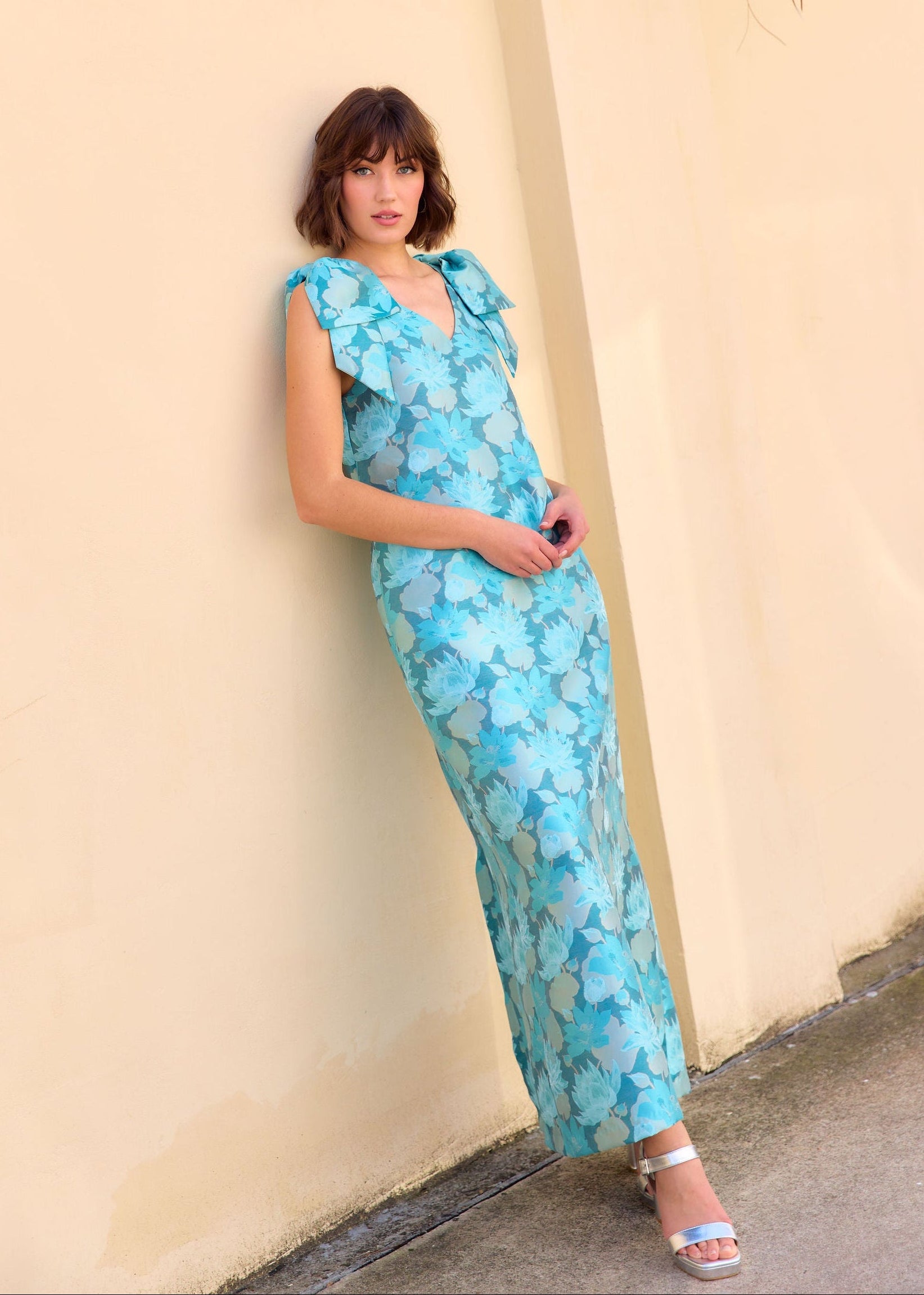Meredith Gown Aqua Floral Silhouette Jacquard