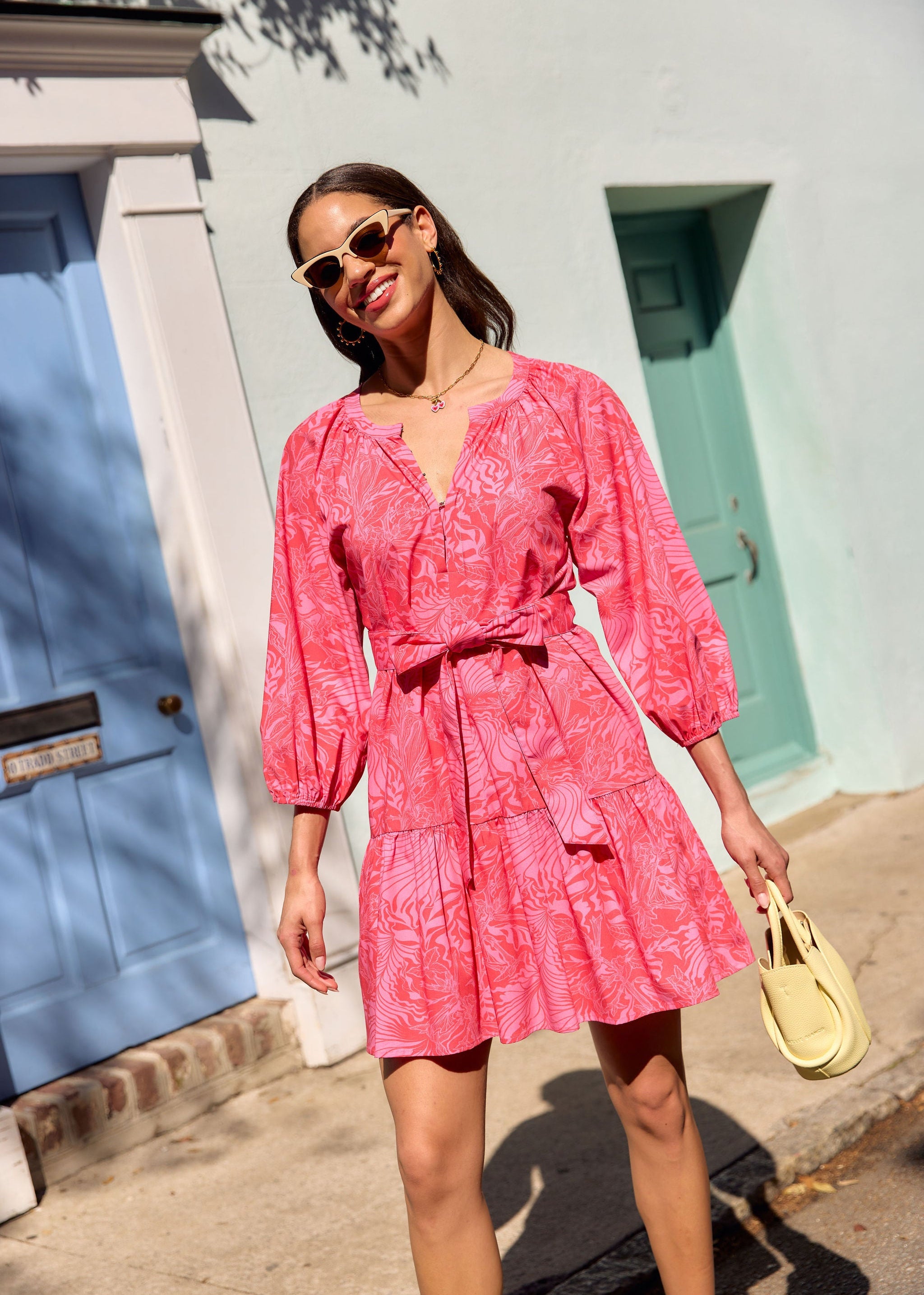 Elise Mini Dress Pink Palm Royale Poplin